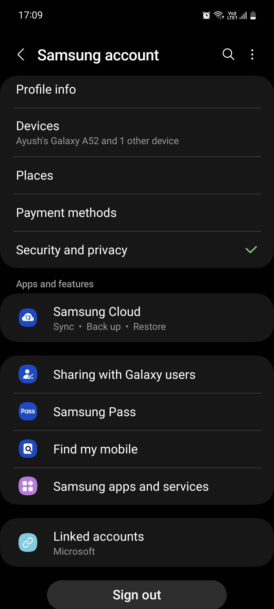 Samsung account menu