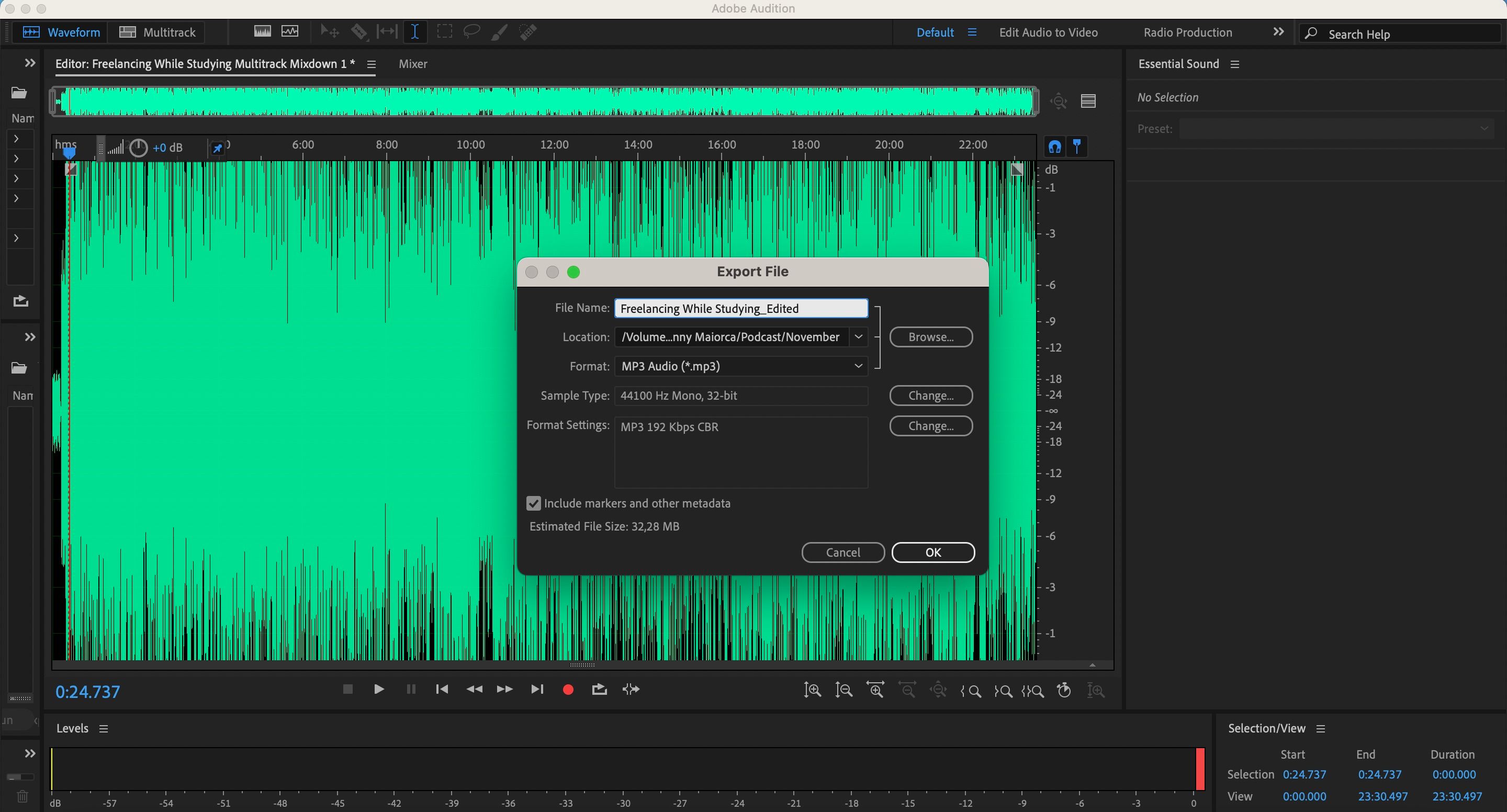 Salva l'audio modificato nello screenshot di Adobe Audition