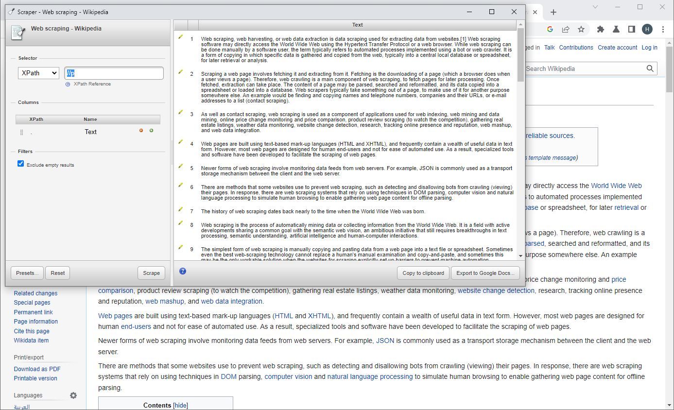 A Screenshot of the Chrome Extension Scraper In Use
