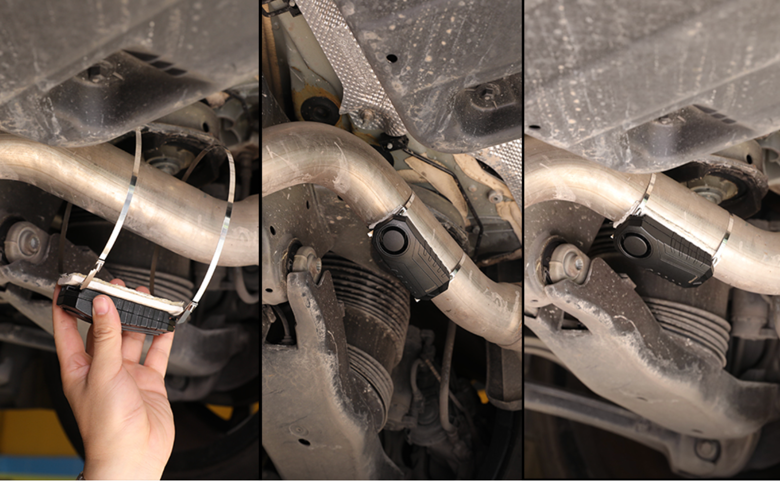 Three images of a catalytic converter anti-theft alarm device 