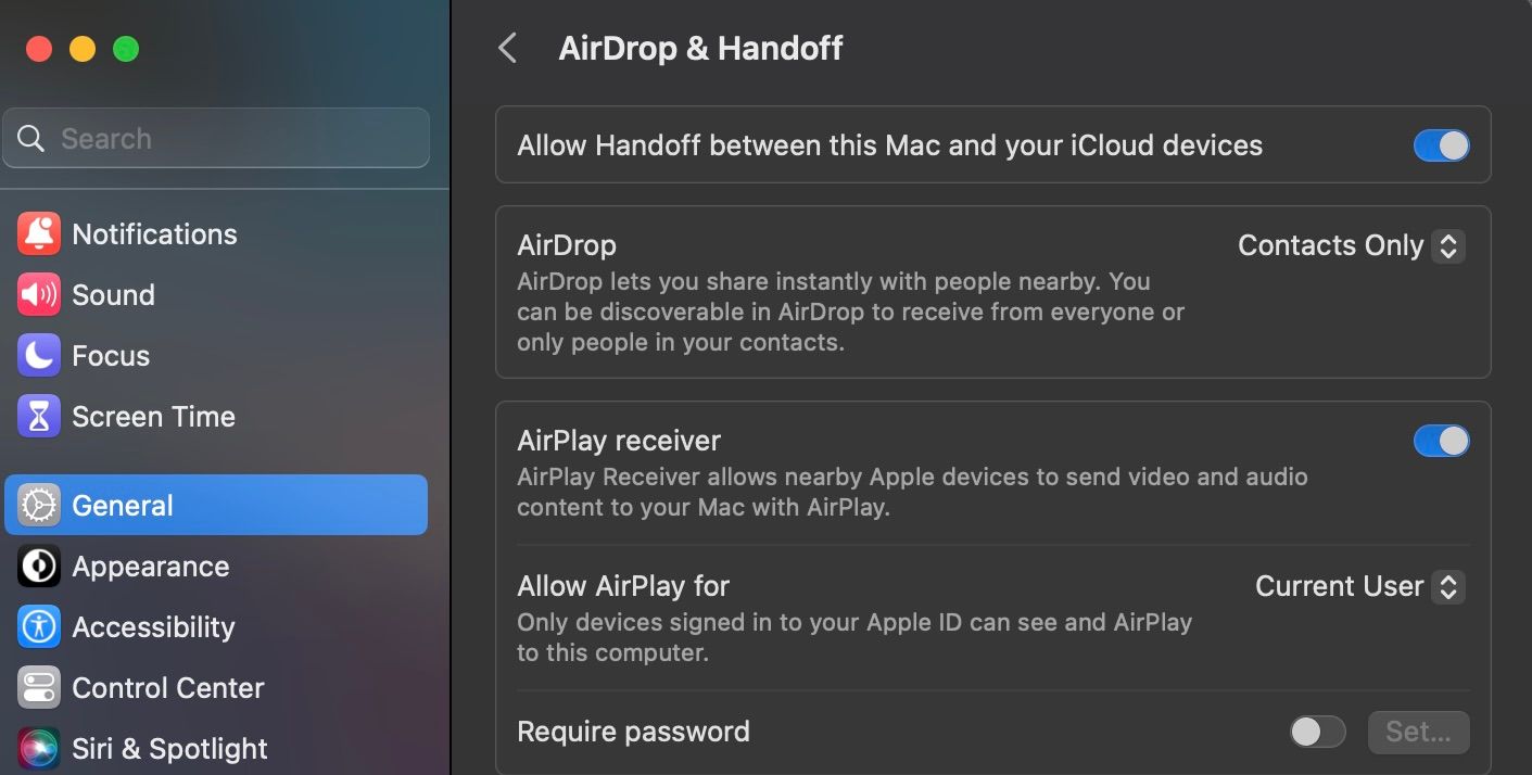 AirDrop and Handoff Settings in General in System Settings on Mac