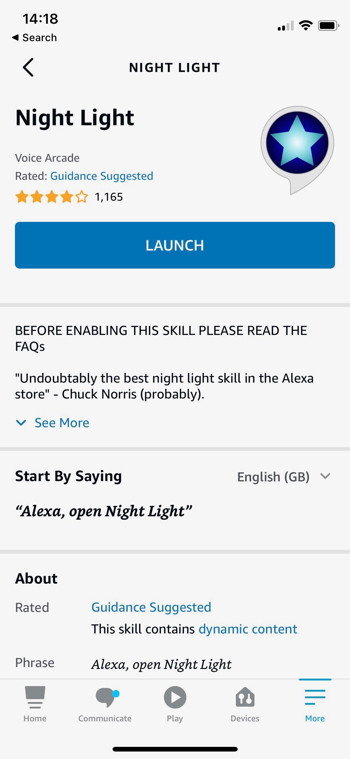 Screenshot of Alexa Night Light skill launch screen