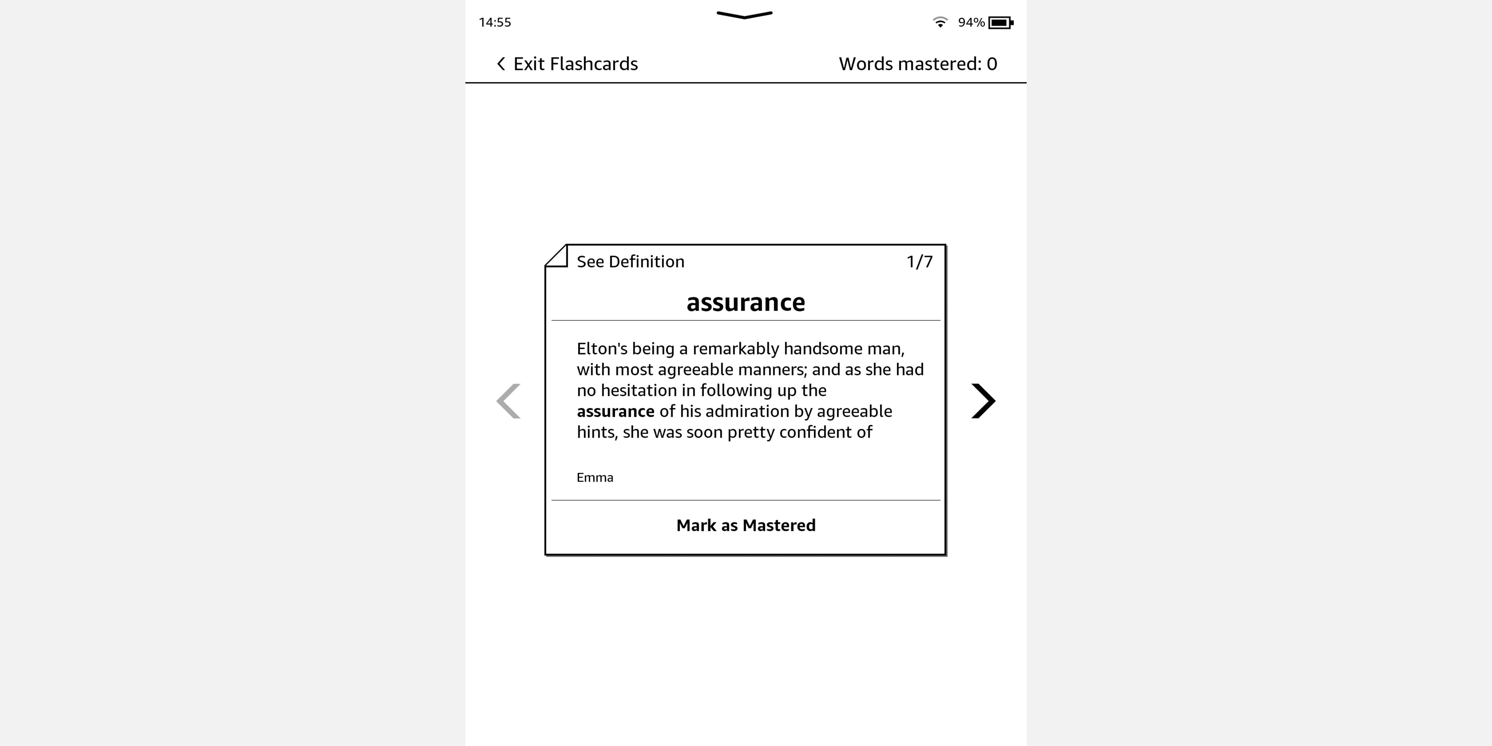 Screenshot of Amazon Kindle showing Vocabulary Builder flashcard