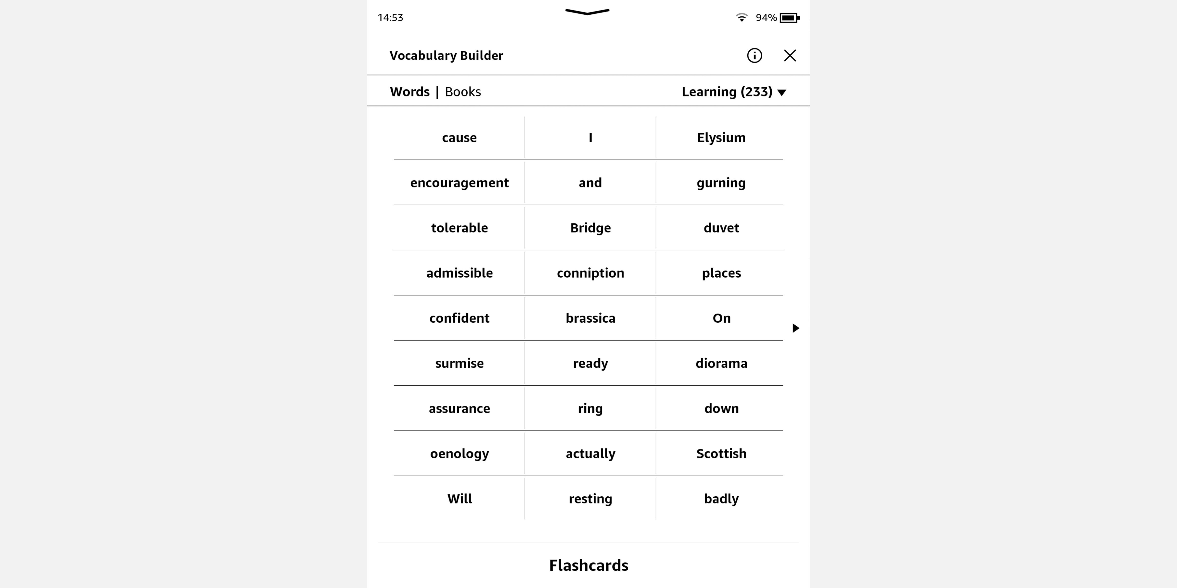 Screenshot of Amazon Kindle showing Vocabulary Builder tool