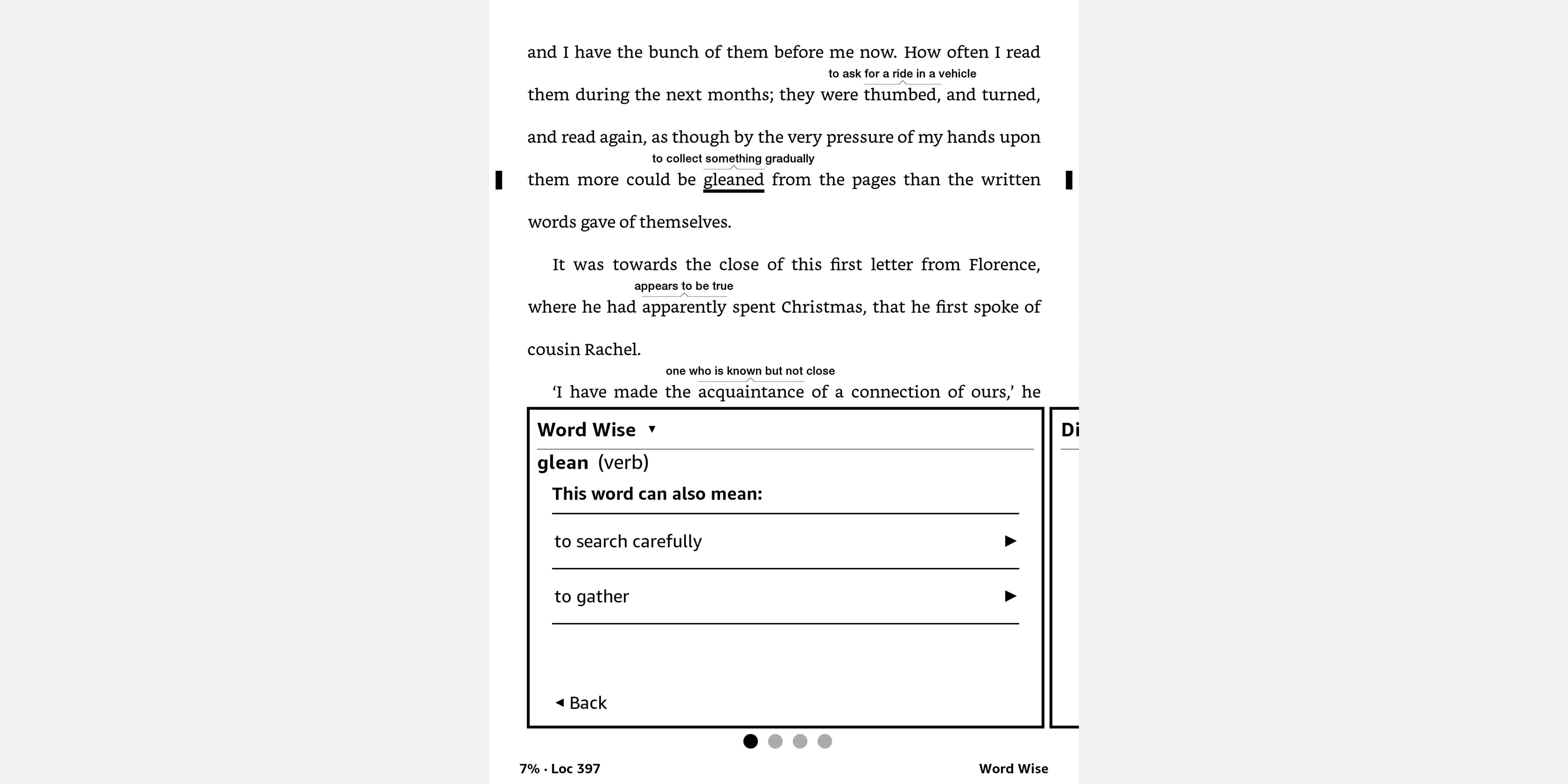 Screenshot of Amazon Kindle showing Word Wise alternative definitions panel