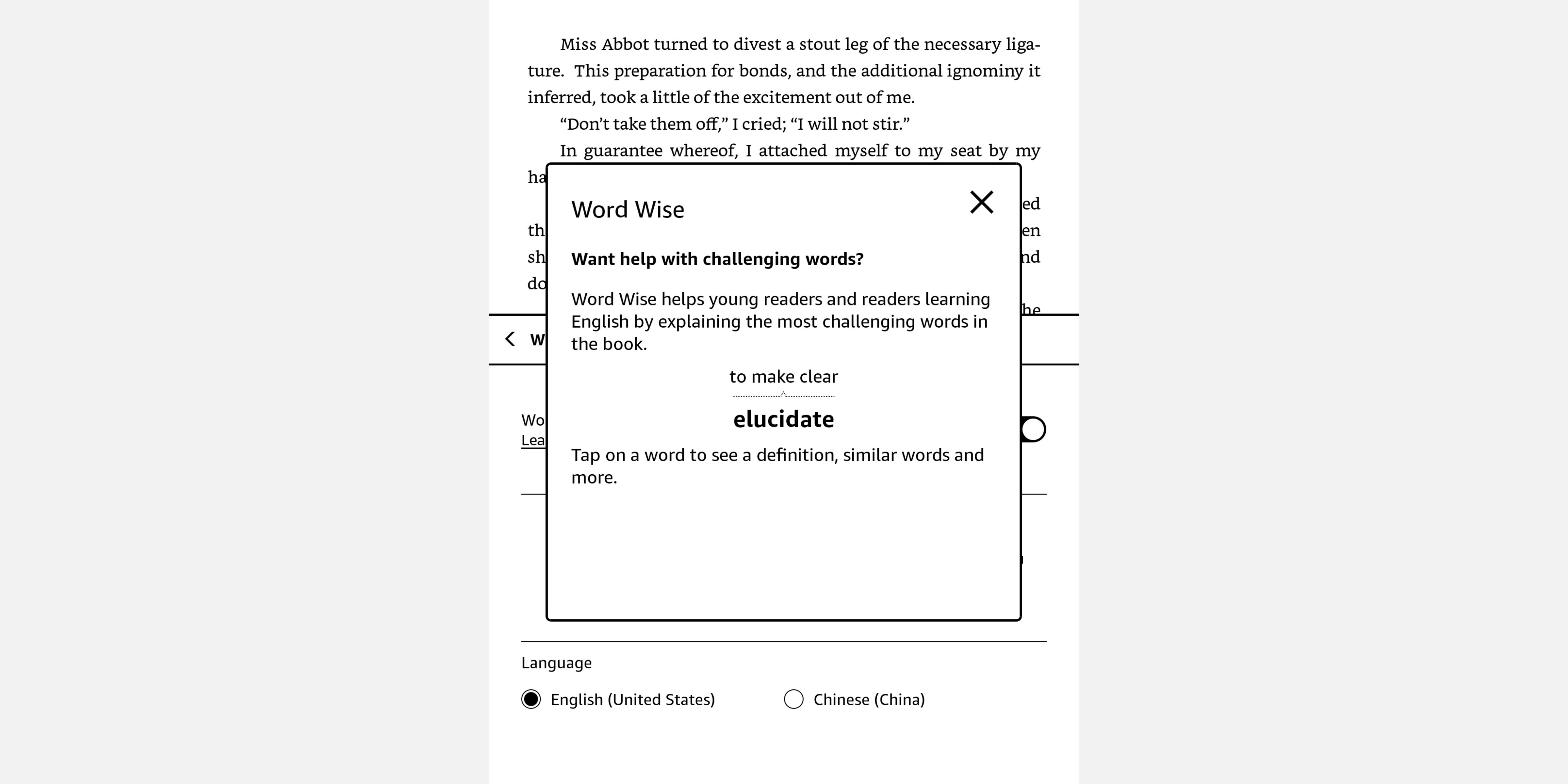 Cuplikan layar Amazon Kindle menampilkan layar penjelasan Word Wise