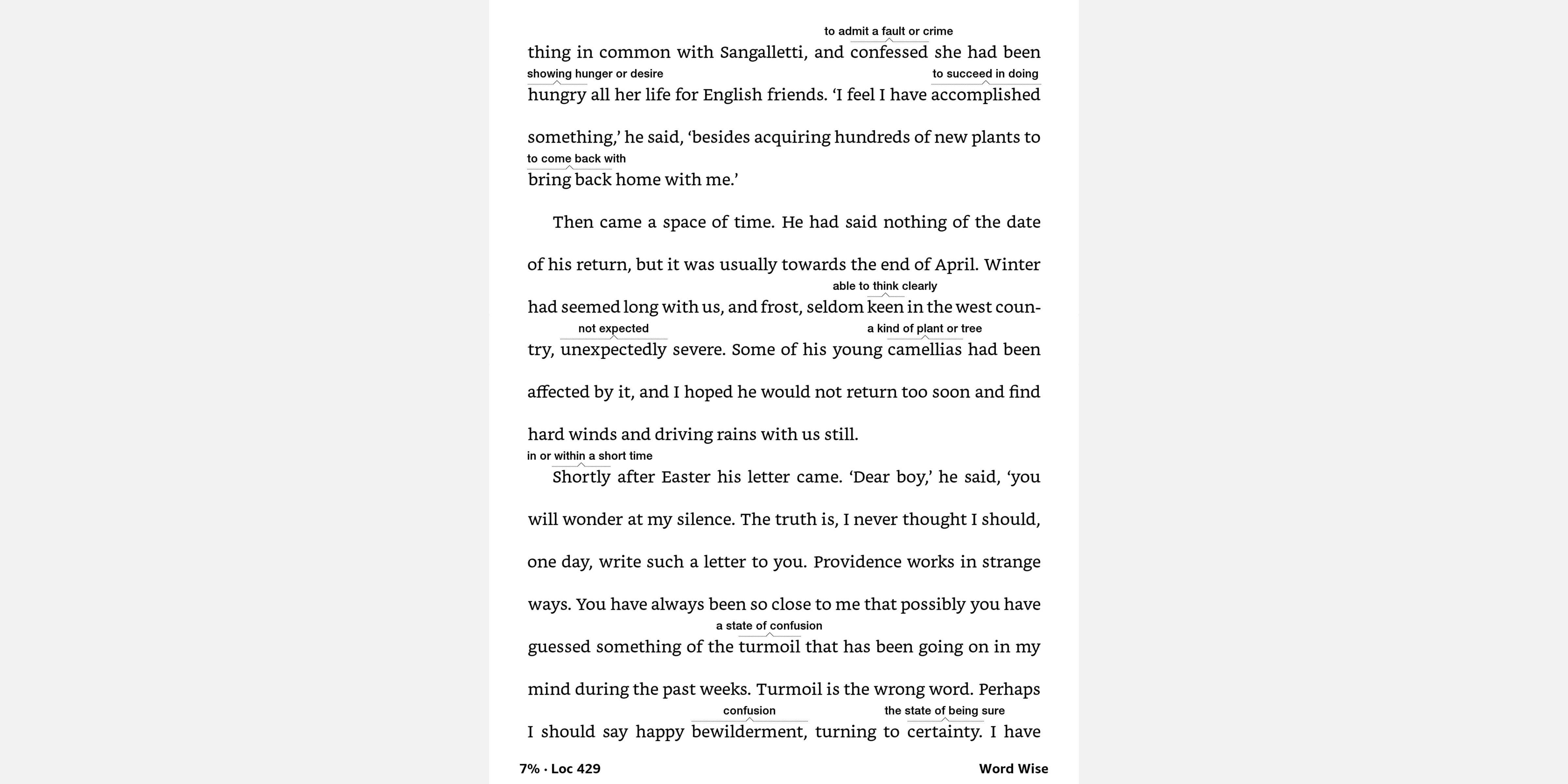 Screenshot of Amazon Kindle showing Word Wise function enabled