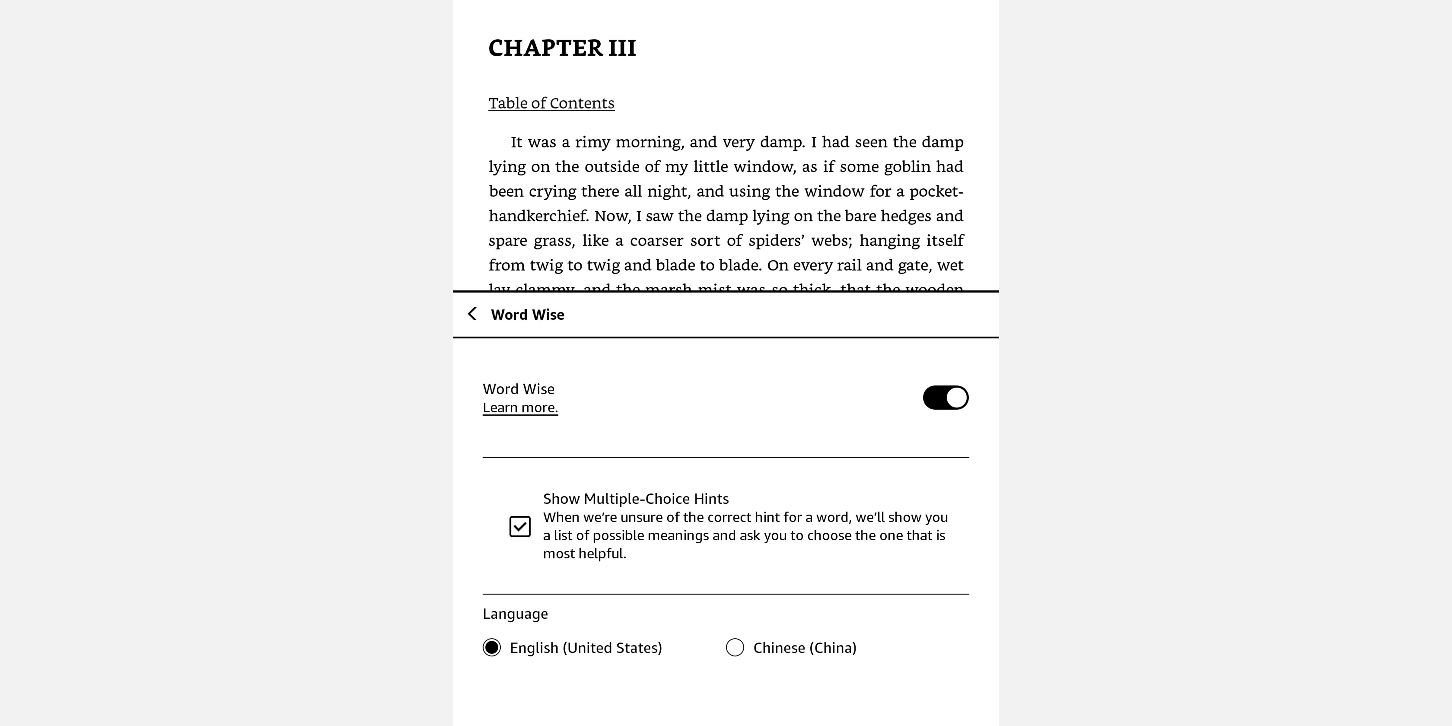 Screenshot of Amazon Kindle showing Word Wise multiple choice hints and language options