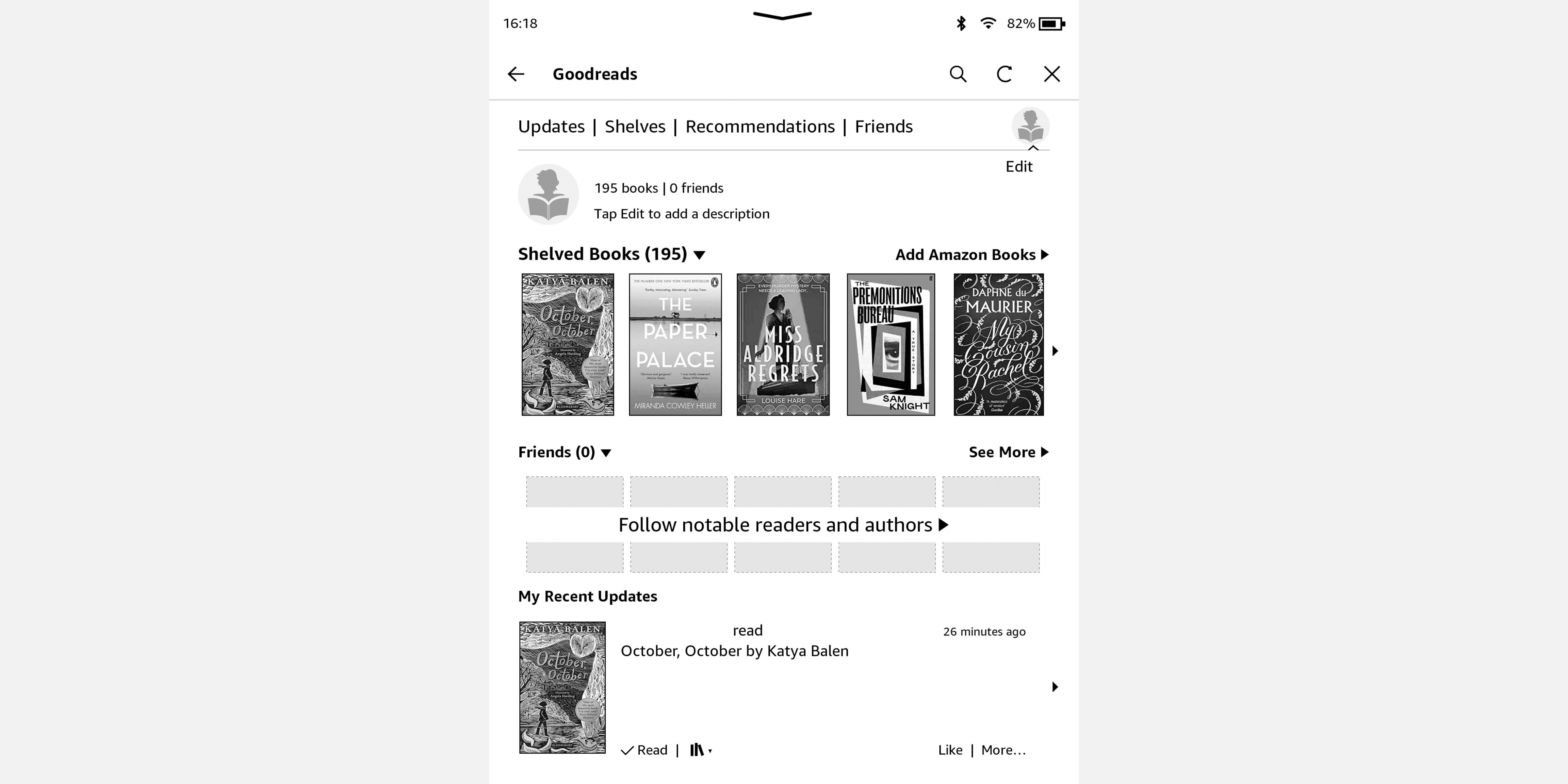 Cuplikan layar Amazon Kindle menunjukkan tampilan goodreads