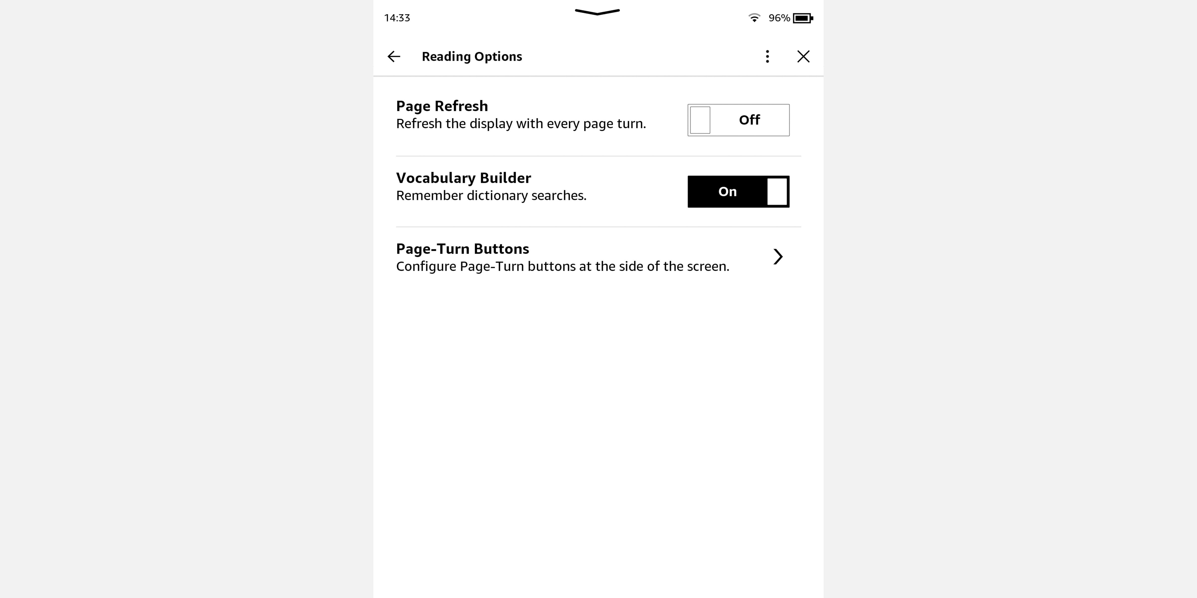 Screenshot of Amazon Kindle showing menu with Vocabulary Builder