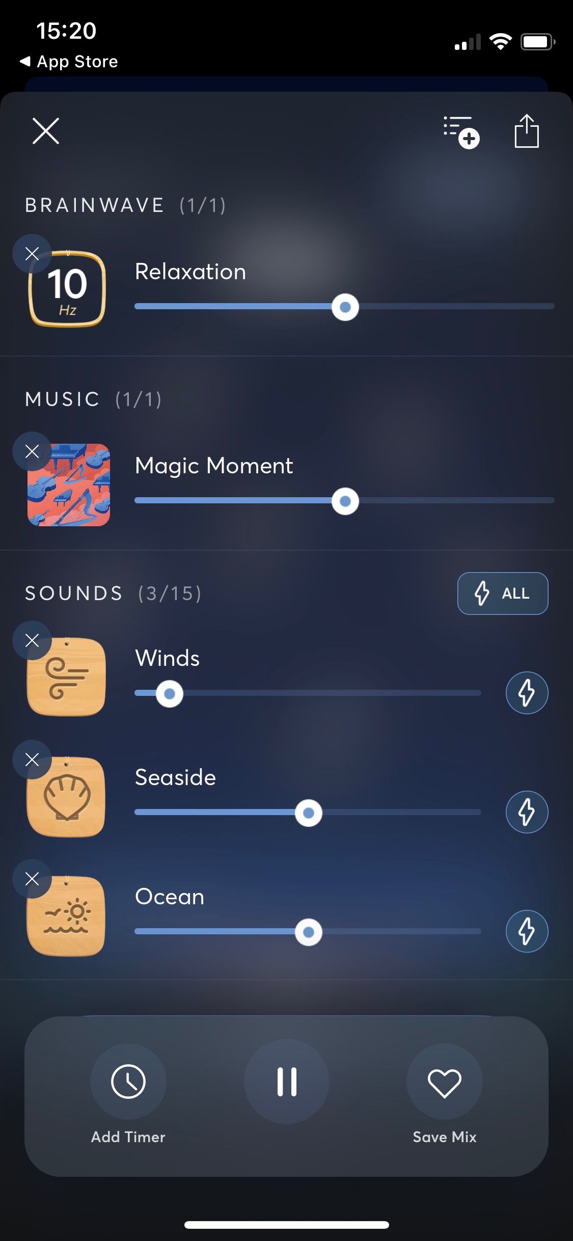 Screenshot of BetterSleep app showing a sound mix