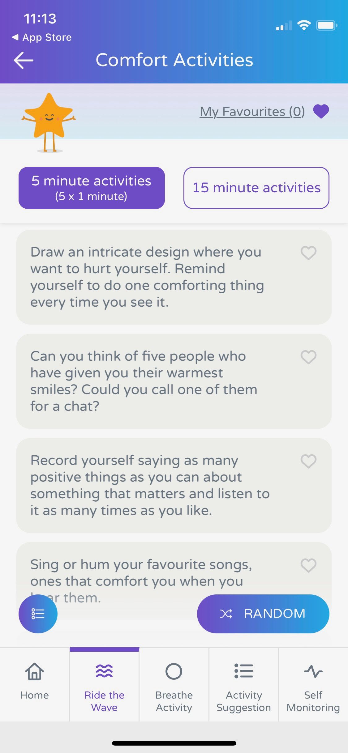 Screenshot of Calm Harm app showing Comfort activities