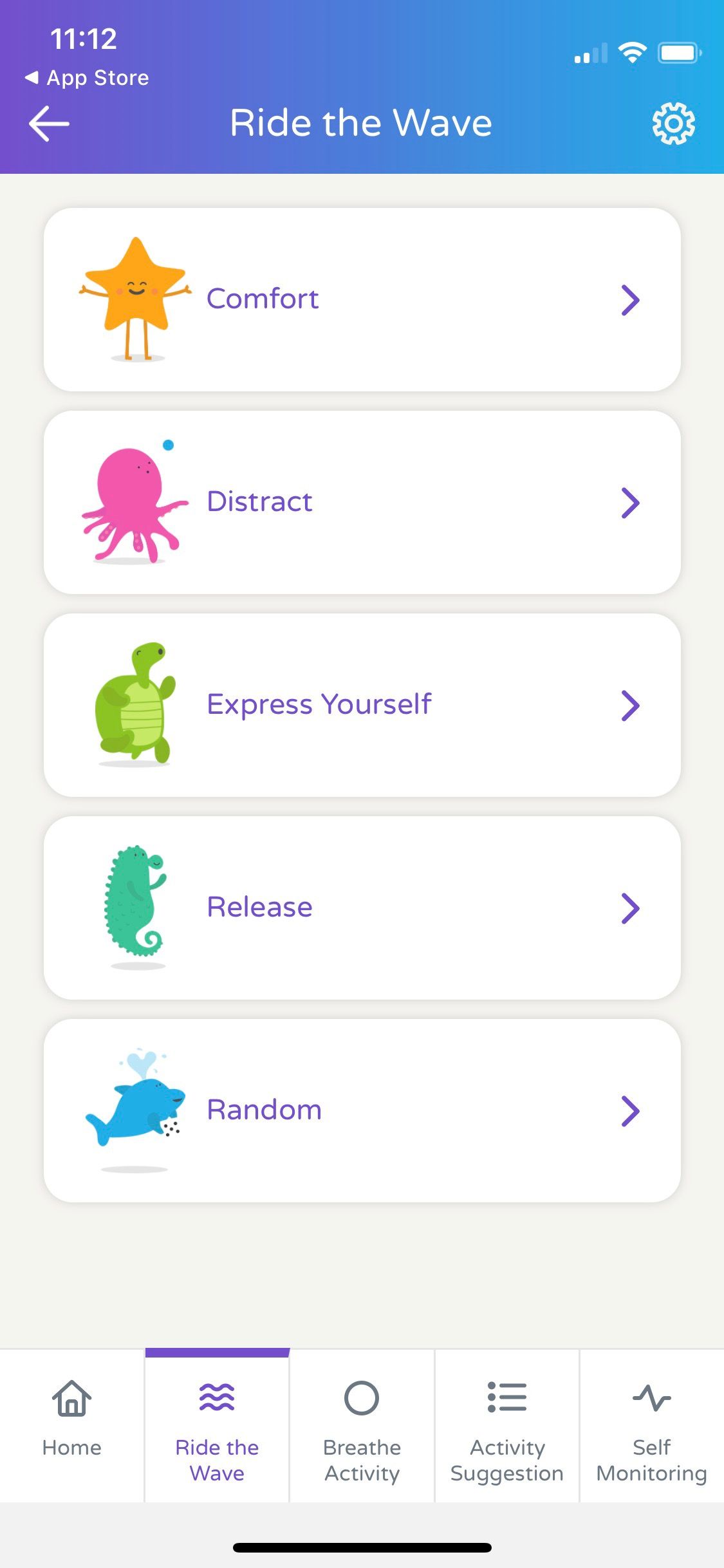 Screenshot of Calm Harm app showing activity categories