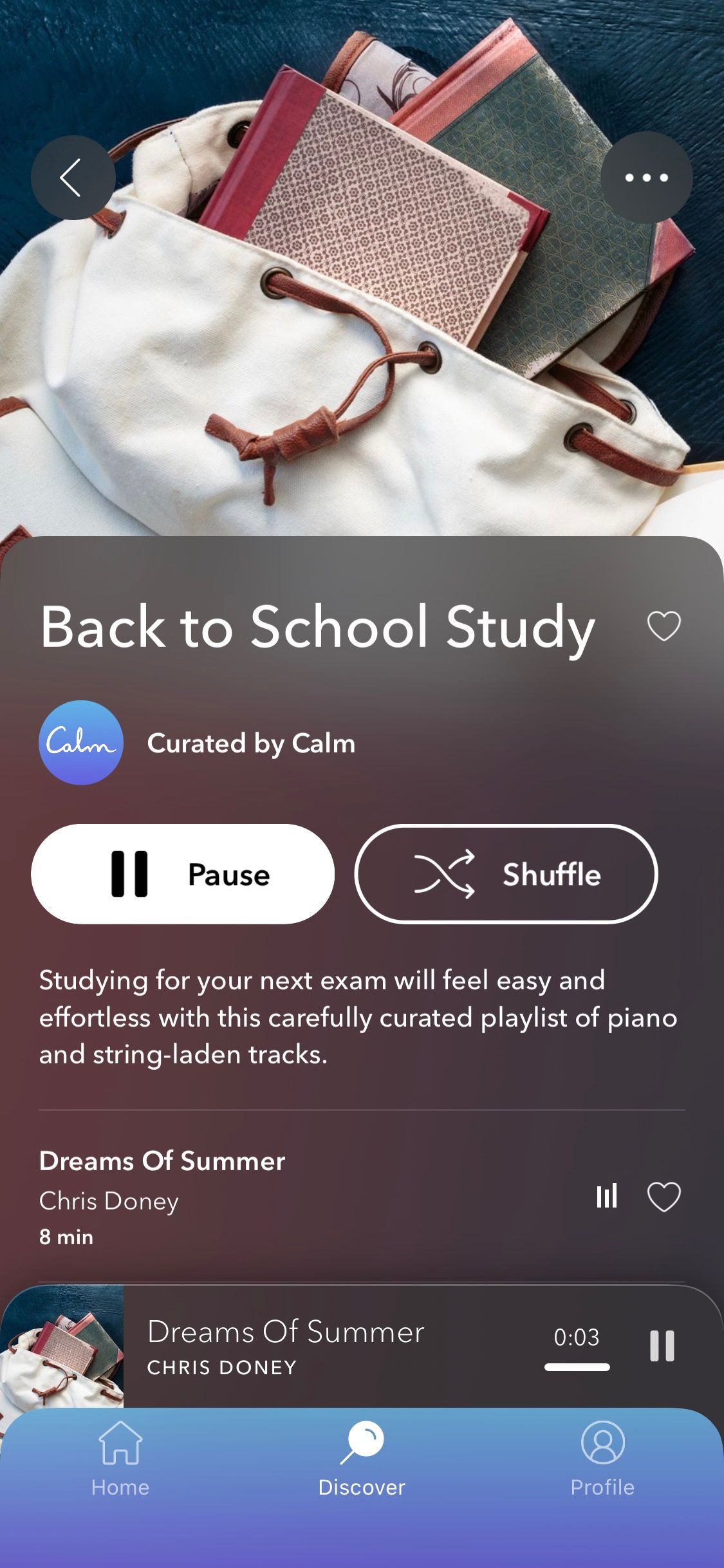 Screenshot of Calm app showing Back to School study meditations