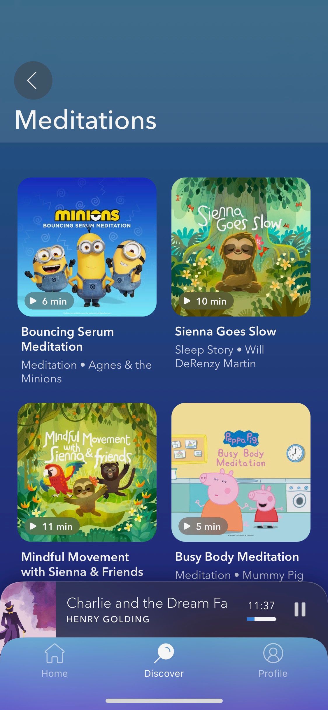 Screenshot of Calm app showing Kids Meditations