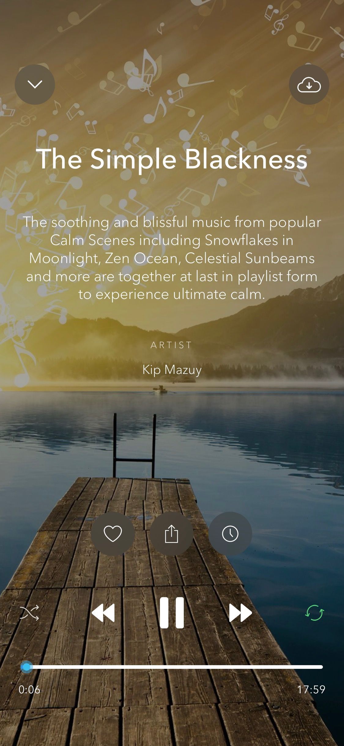Screenshot of Calm app showing a sample music soundscape