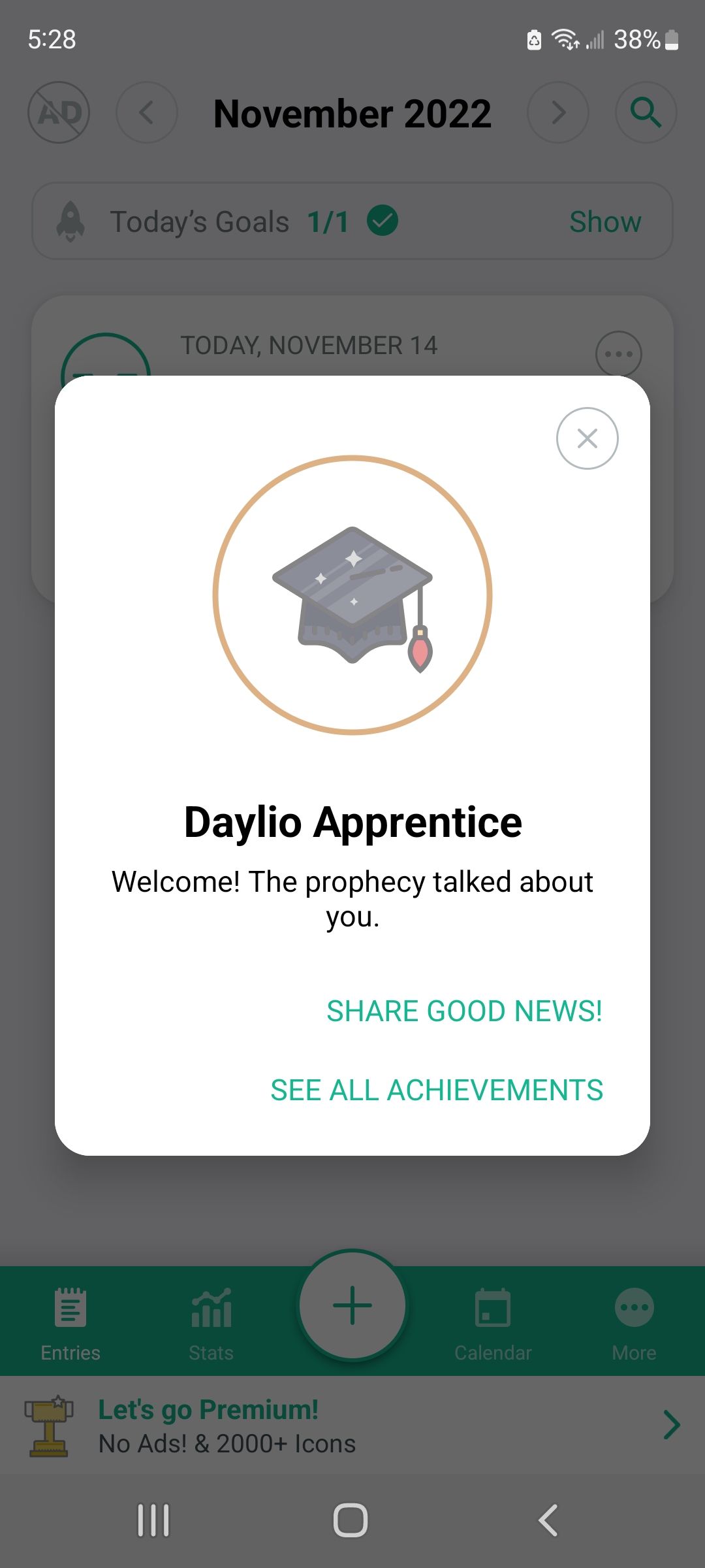 Screenshot of Daylio app apprentice level achievement