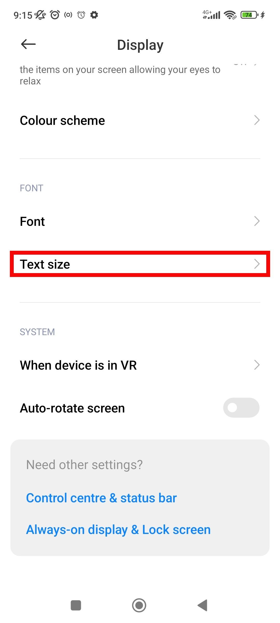Display highlighting Text size