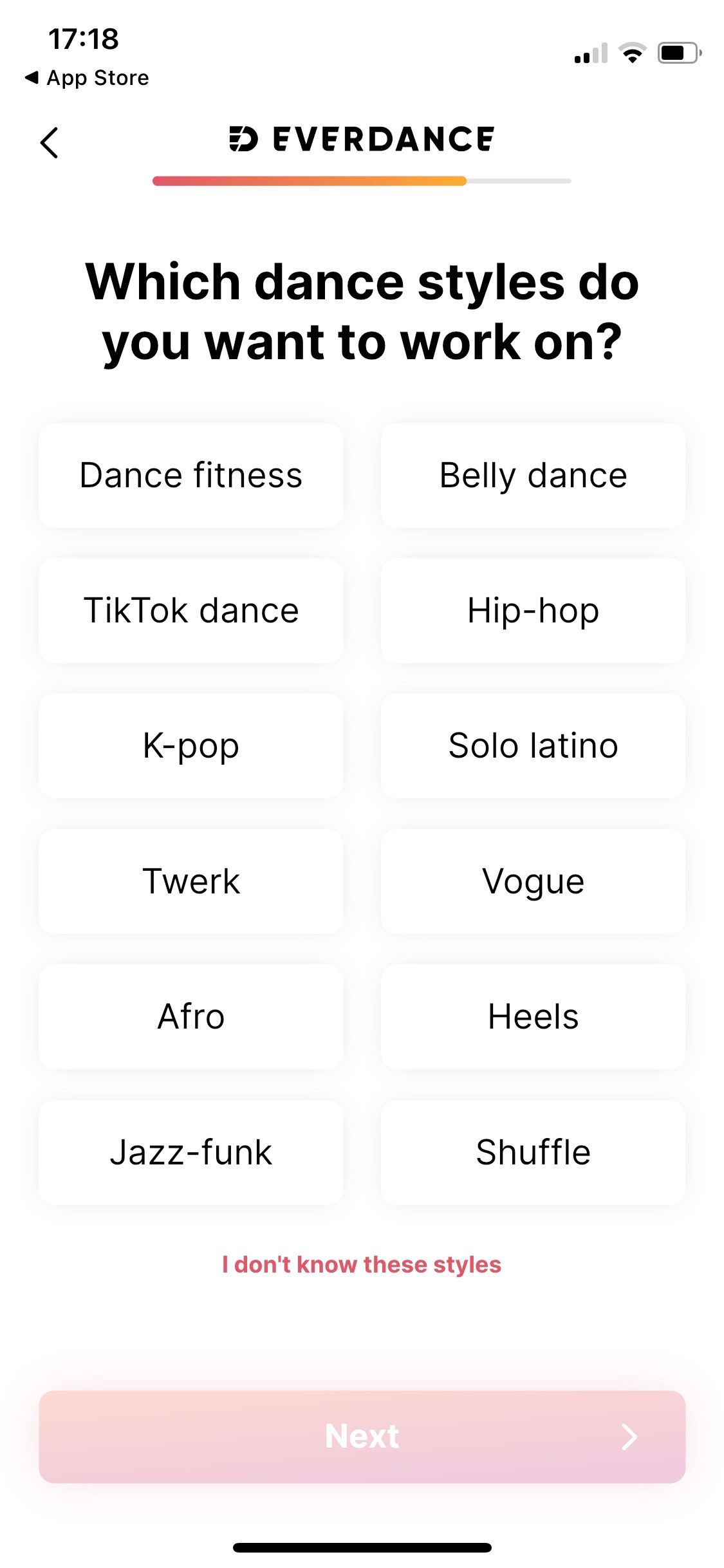 تصویری از اپلیکیشن Everdance که پرسشنامه اولیه را نشان می دهد