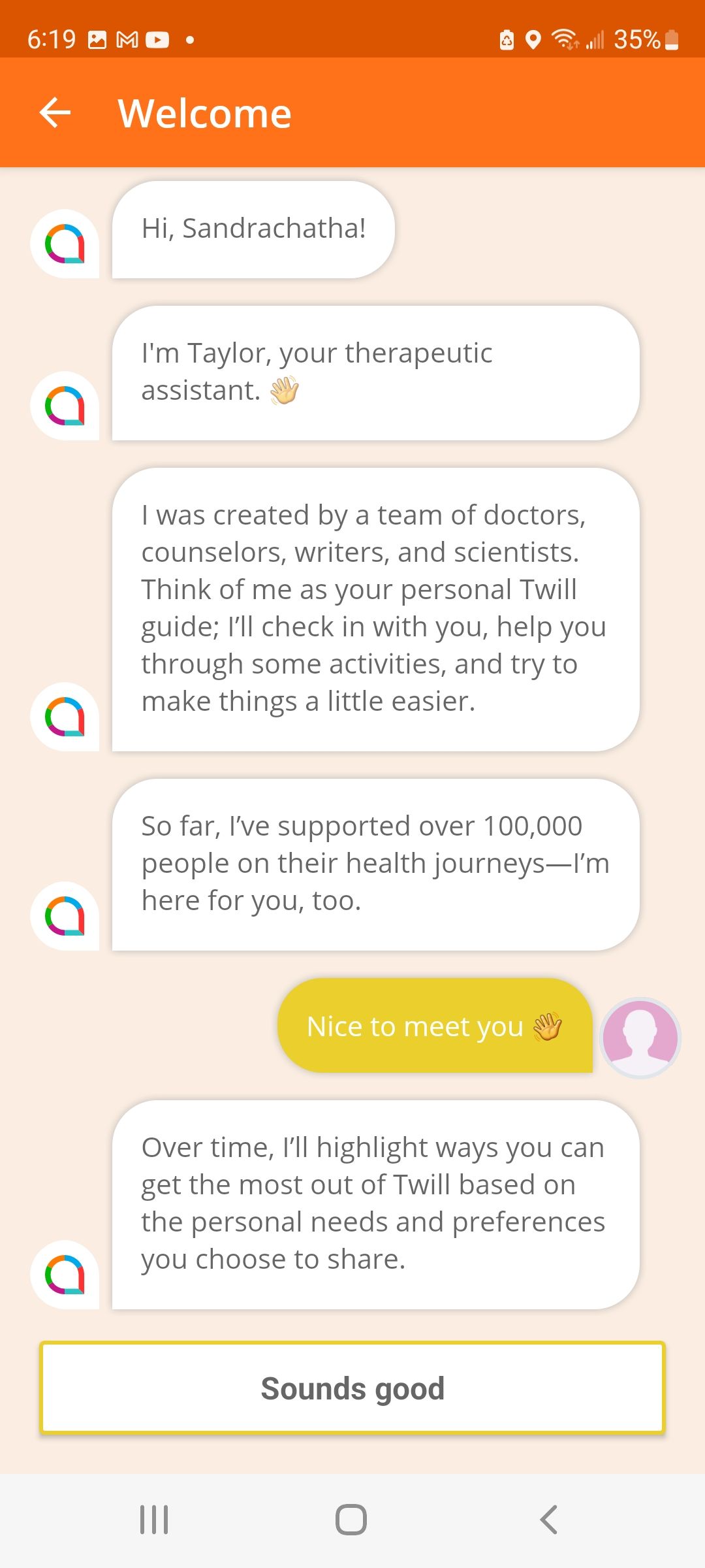 Screenshot of Happify app welcome messages