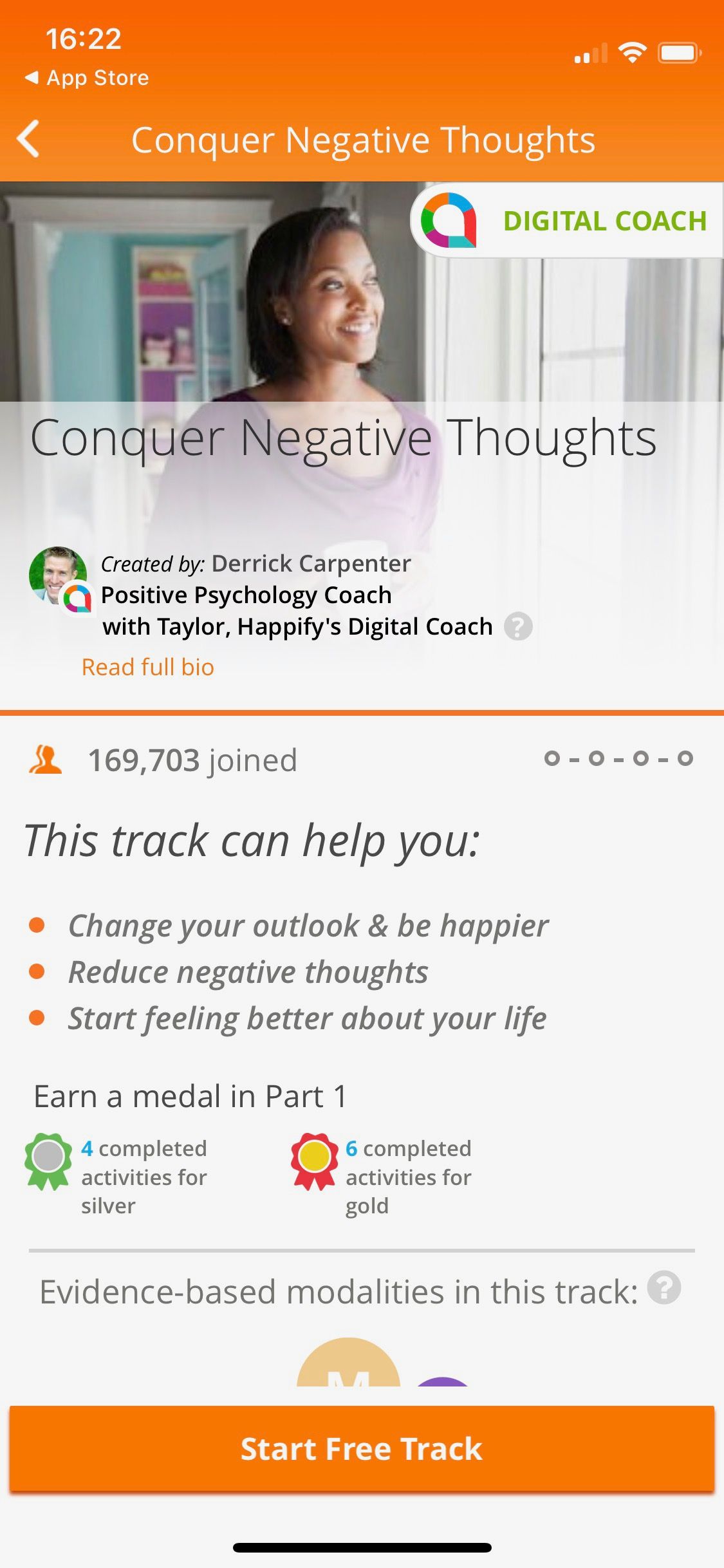 Screenshot of Happify app showing conquer negative thoughts track