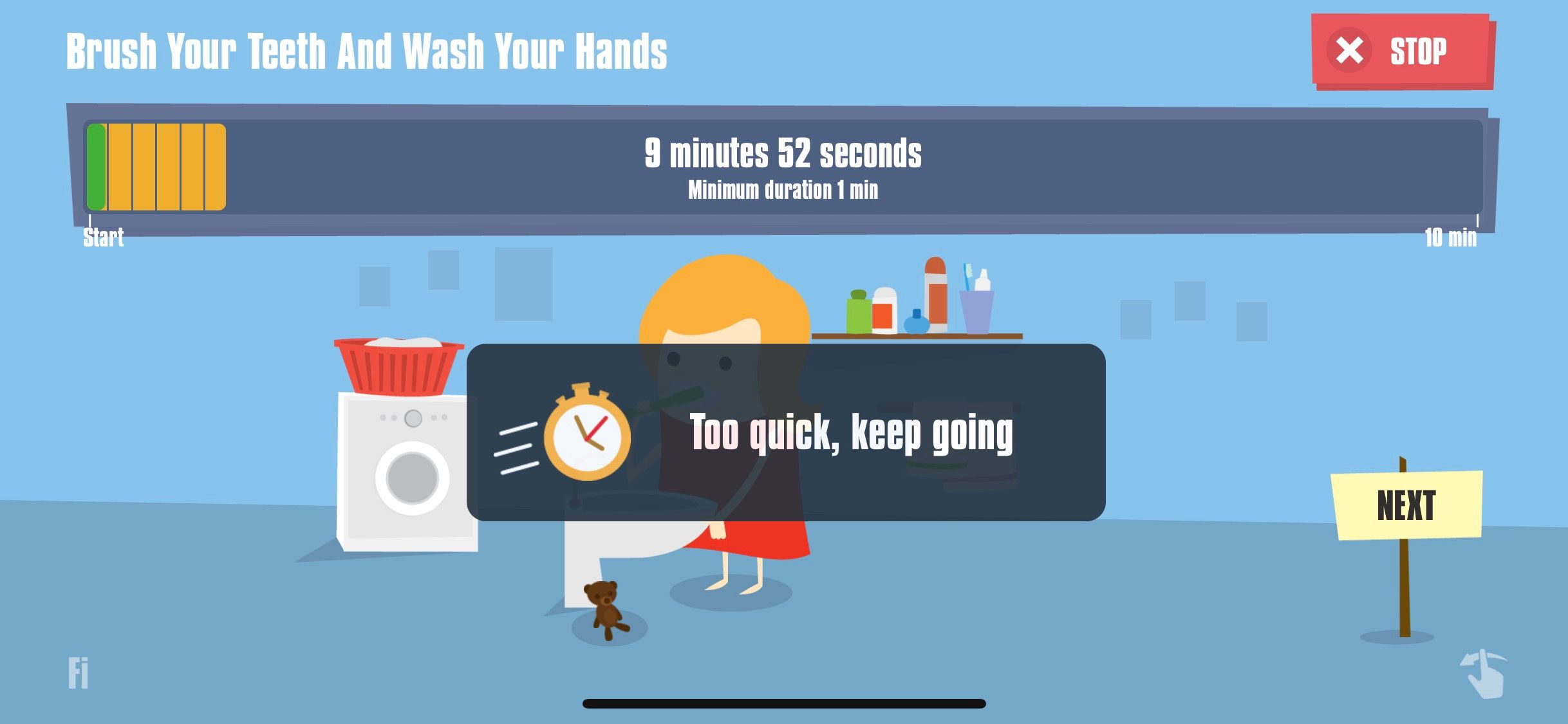 Screenshot of Happy Kids Timer app showing task screen
