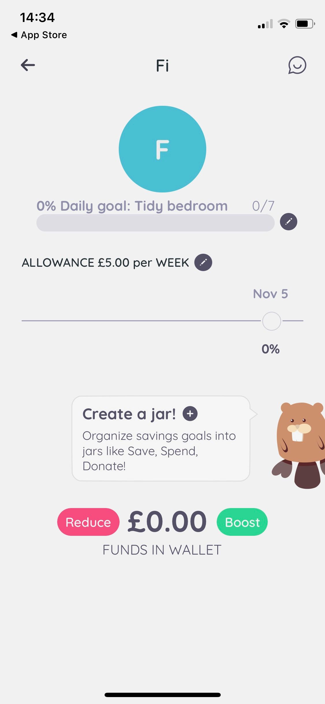 Screenshot of Homey app showing money allowance