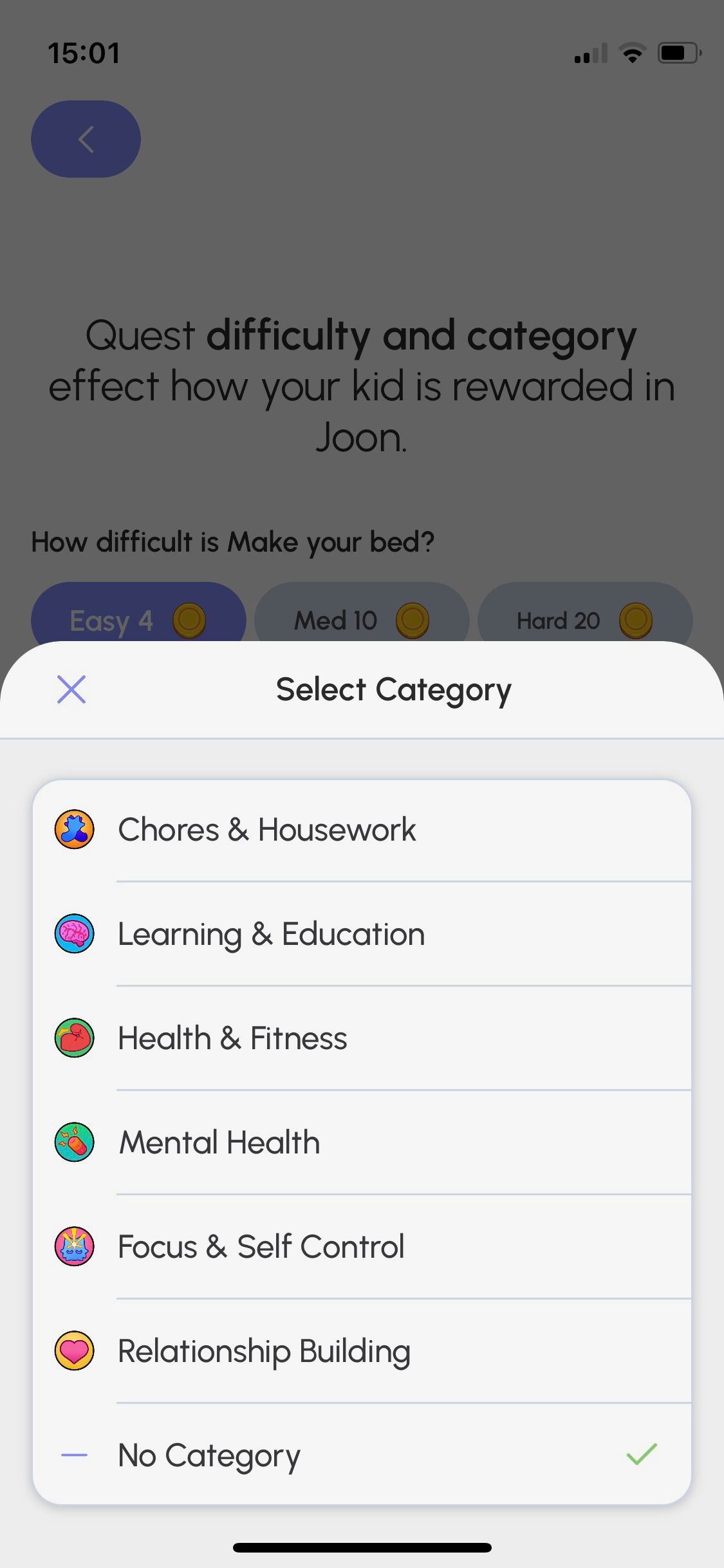 Screenshot of Joon app showing categories for tasks