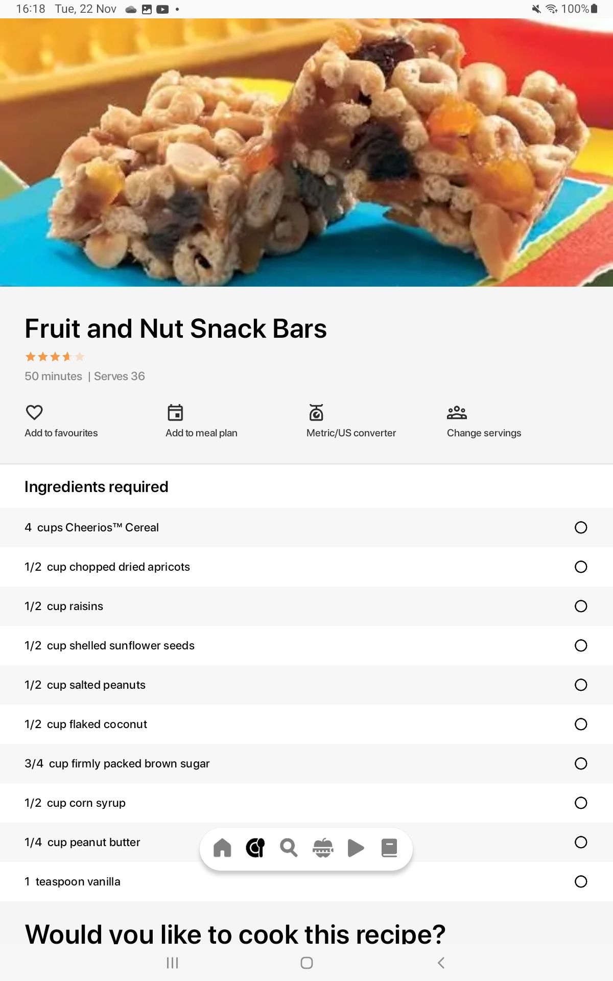 Screenshot of Junior Cookbook showing recipe for fruit and nut snack bar