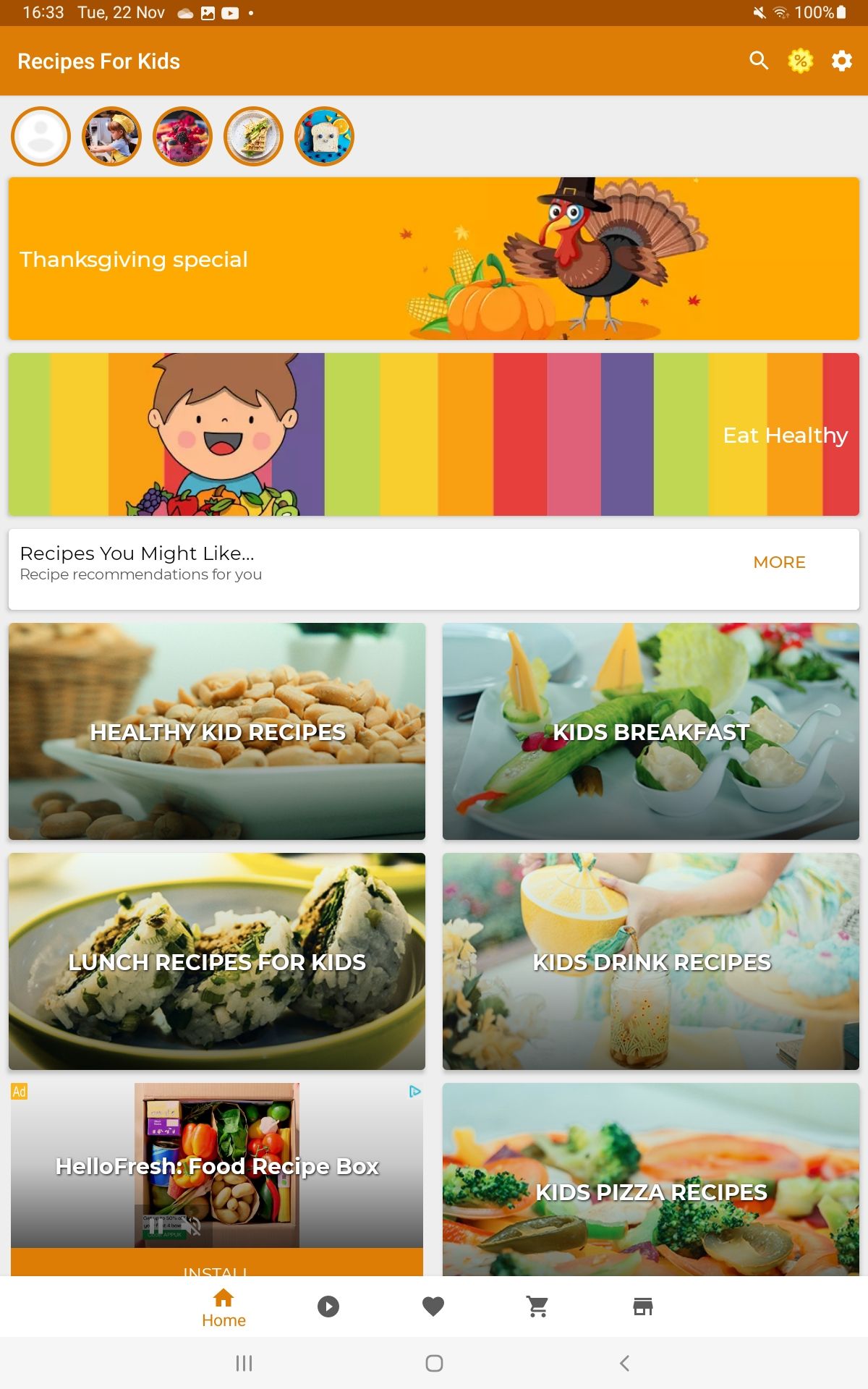 Screenshot of the Junior Cookbook showing the home screen