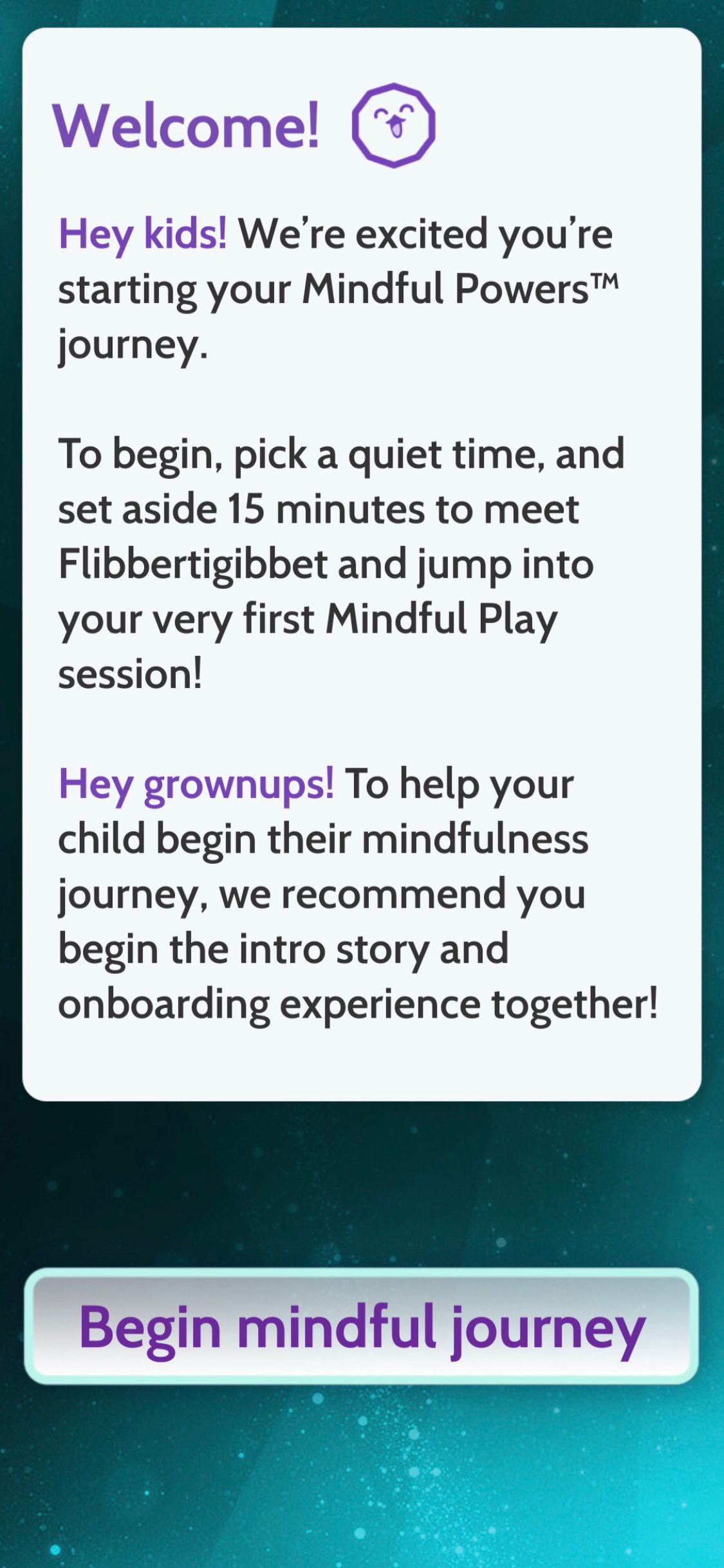 Screenshot of Mindful Powers showing introduction screen
