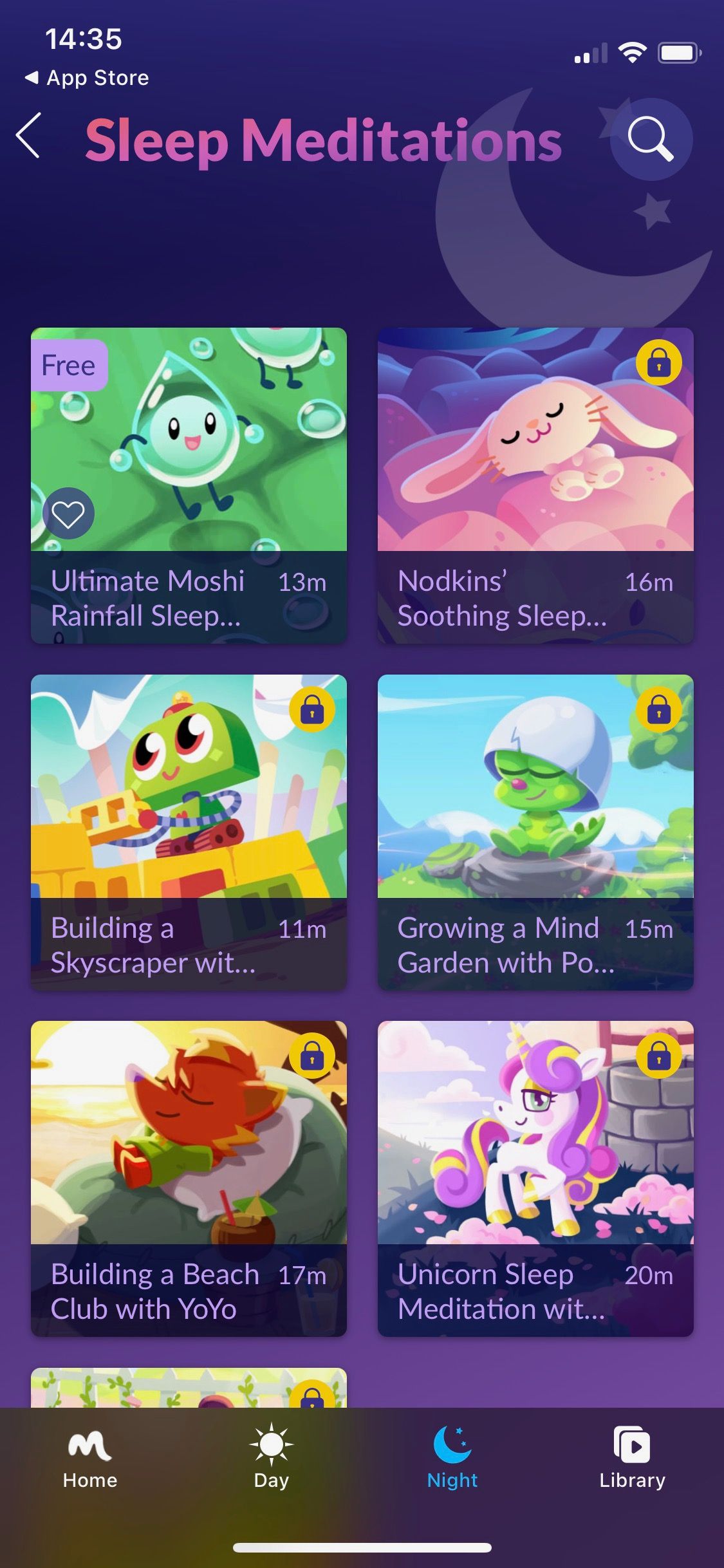 Screenshot of Moshi Kids showing Sleep Meditations