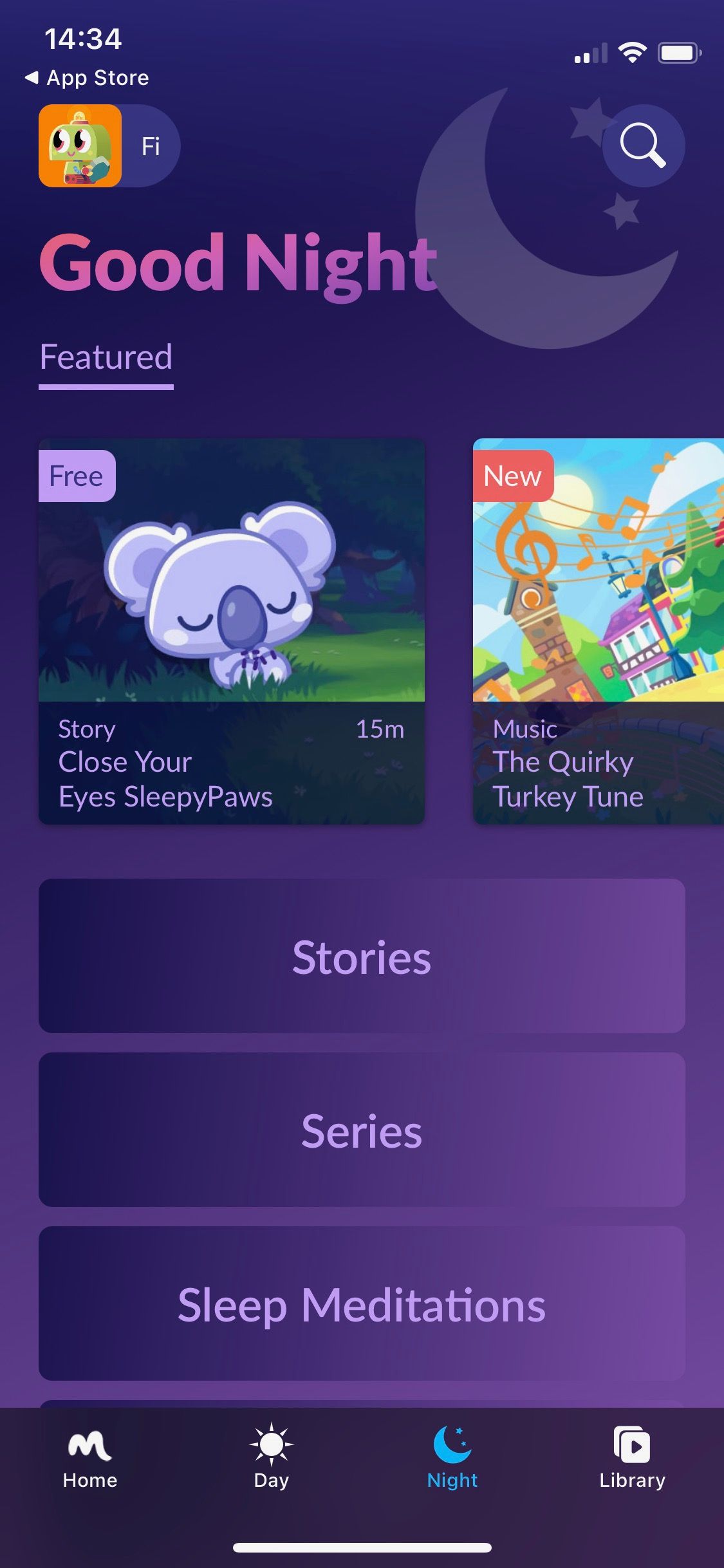 Screenshot of Moshi Kids showing home screen