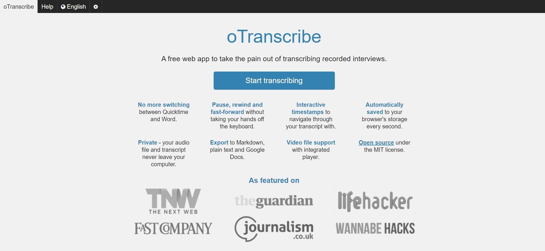 Screenshot of Otranscribe transcription web tool