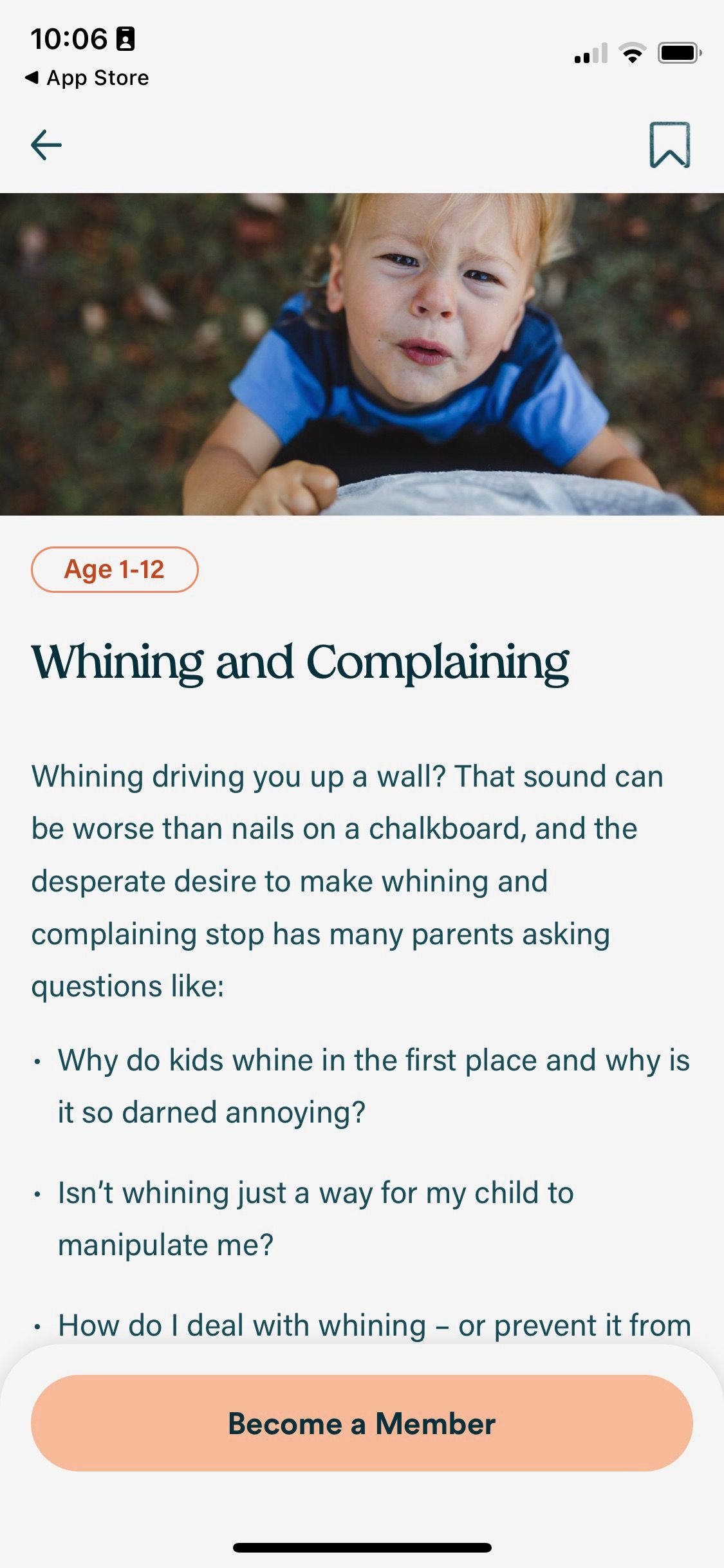 Screenshot of Parent Lab app showing Whining and Complaining help section
