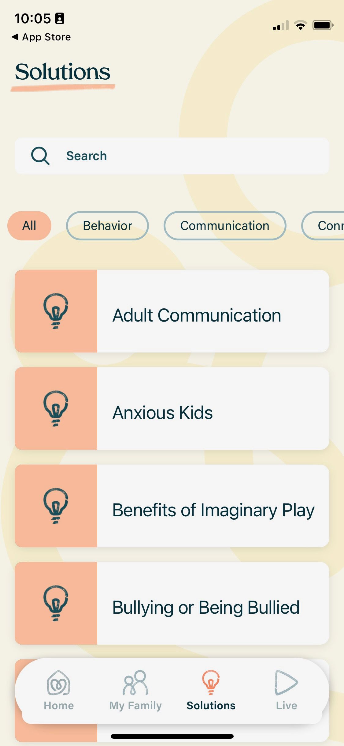Screenshot of Parent Lab app showing help categories