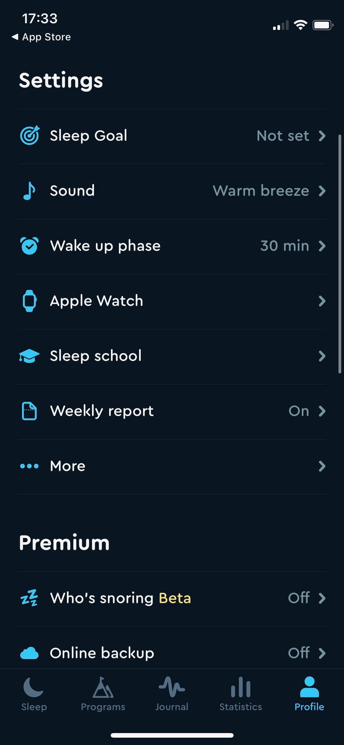 Screenshot of Sleep Cycle app showing settings