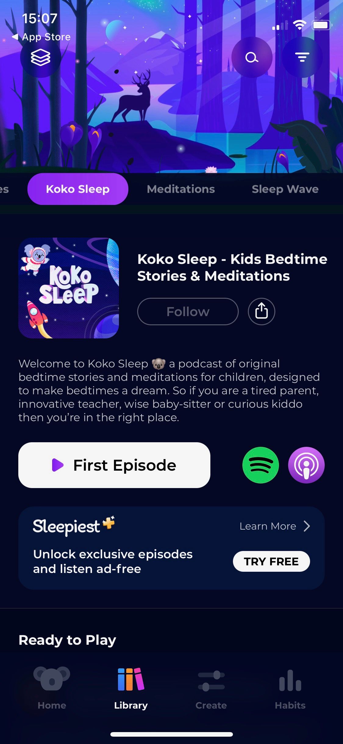 Screenshot of Sleepiest Sleep app showing Koko Sleep section
