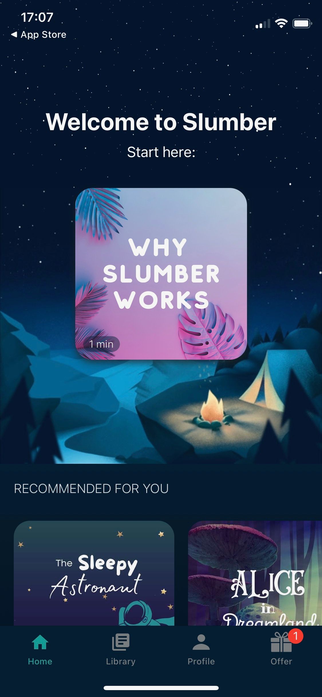 Screenshot of Slumber app showing Home screen