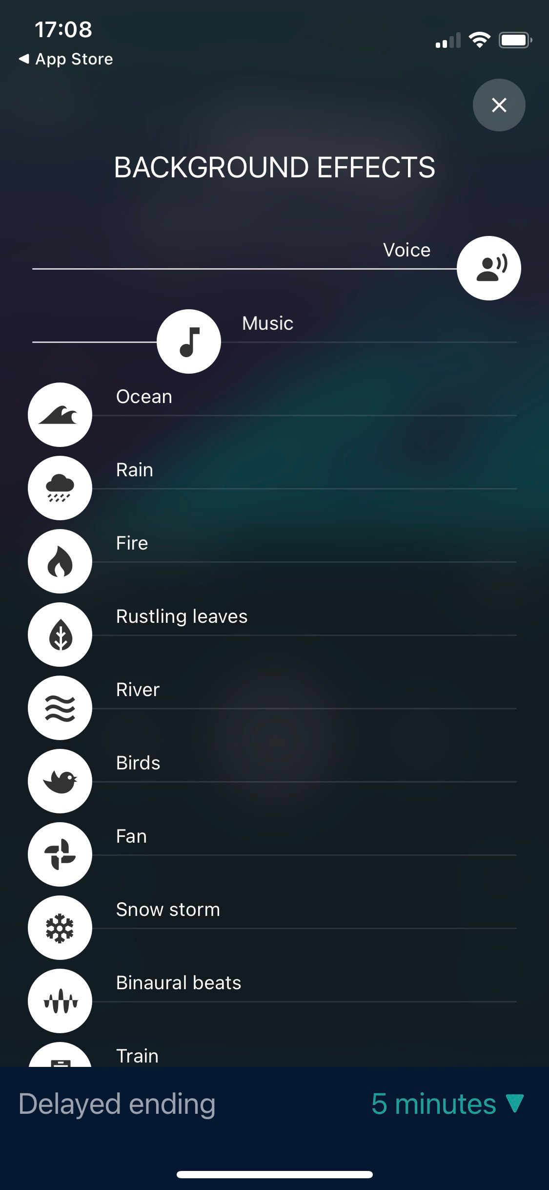 Screenshot of Slumber app showing background effects