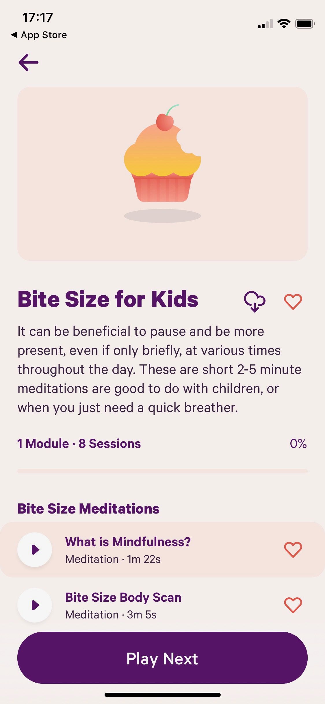 Screenshot of Smiling Mind showing Bite Size for Kids category