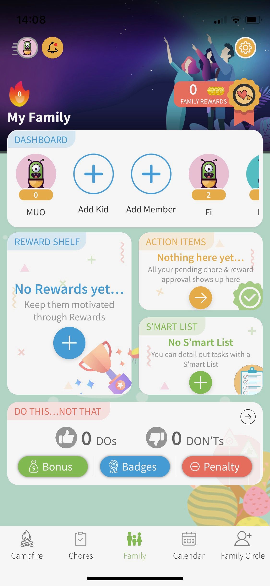 Screenshot of Smores Up app showing family home screen