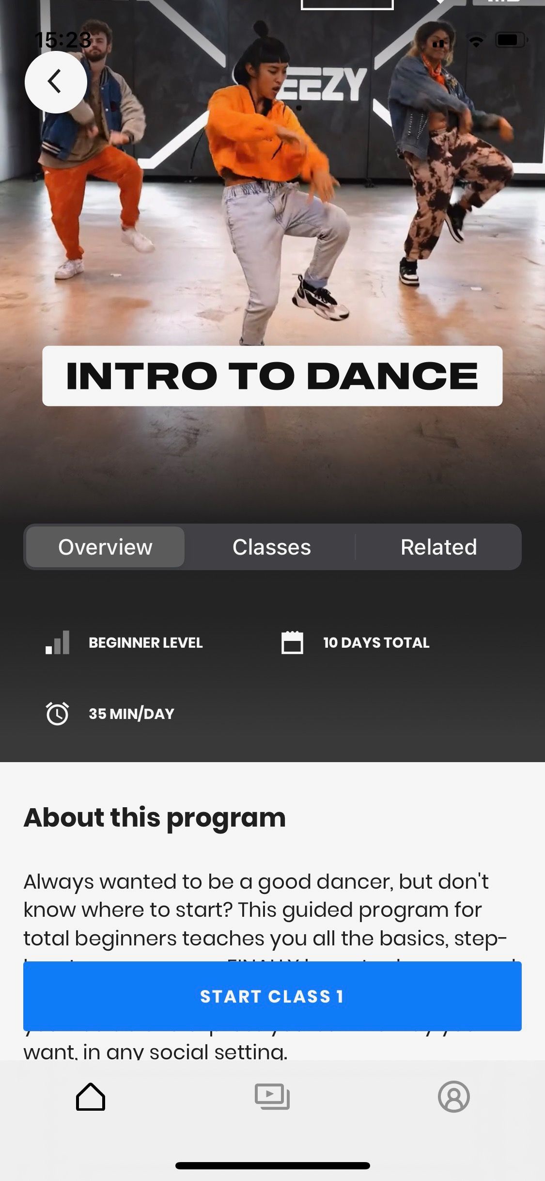 اسکرین شات برنامه Steezy که برنامه Intro to Dance را نشان می دهد