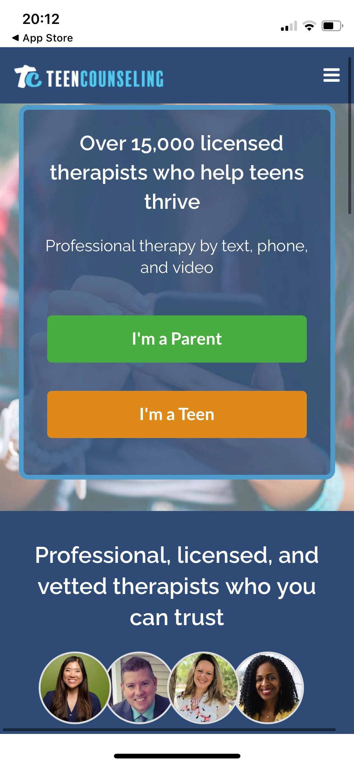 Screenshot of Teen Counseling Home page