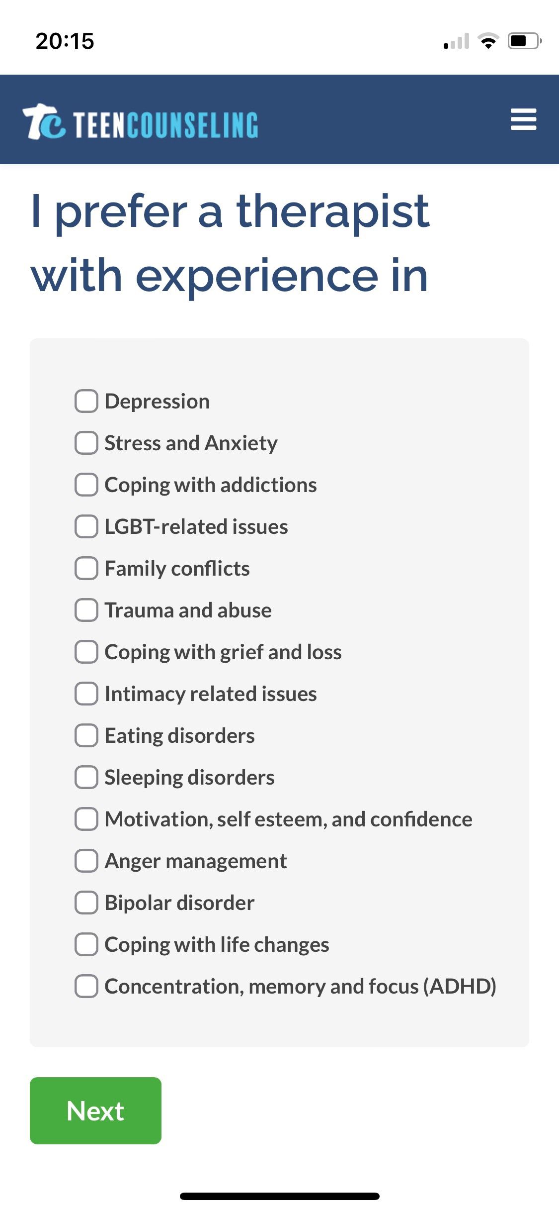 Screenshot of Teen Counseling questionnaire