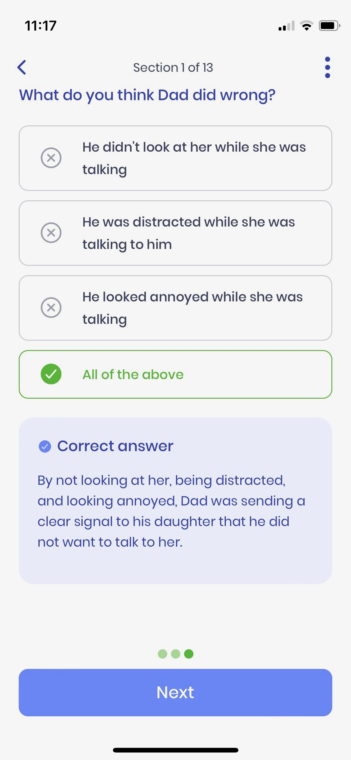 Screenshot of The Happy Child app showing video quiz answers