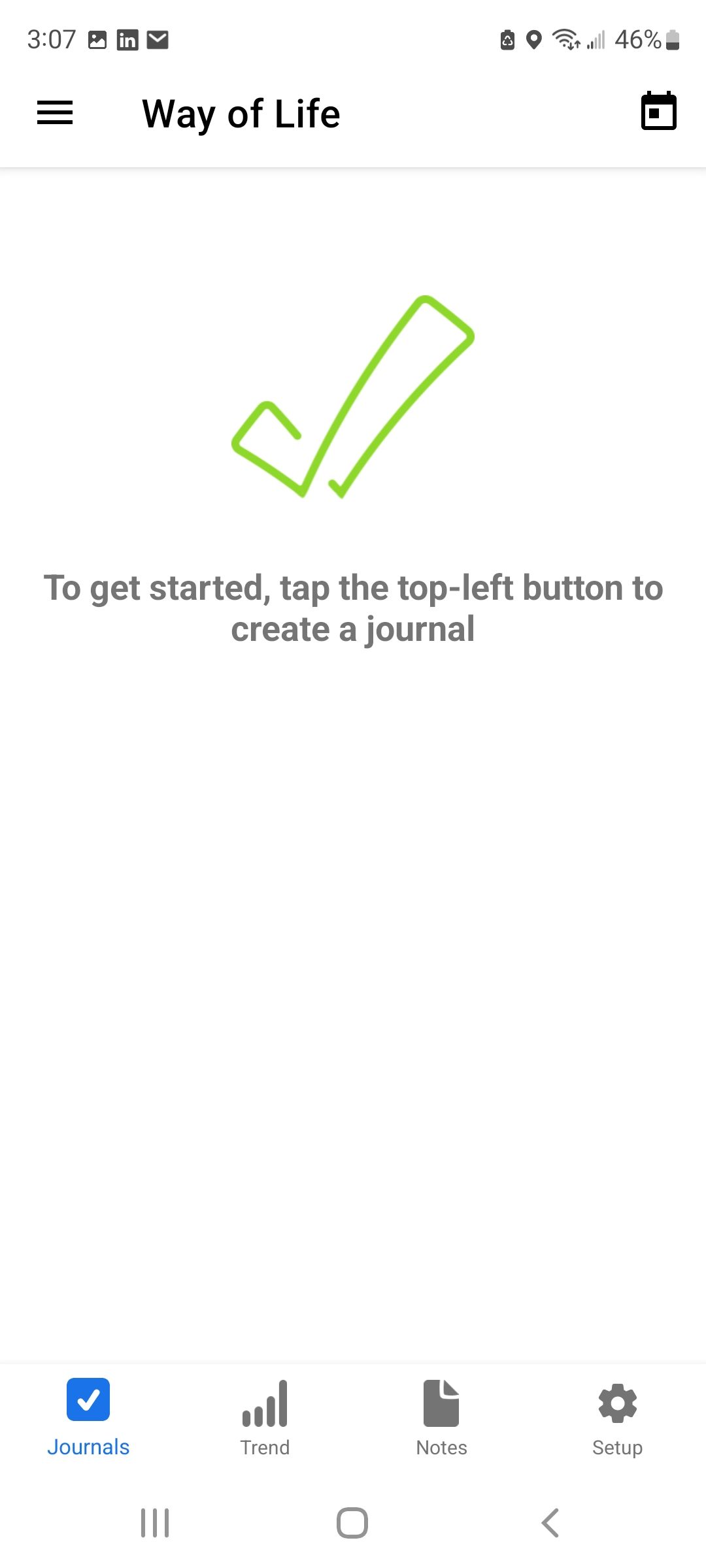 Screenshot of page to start a journal entry in Way of Life app