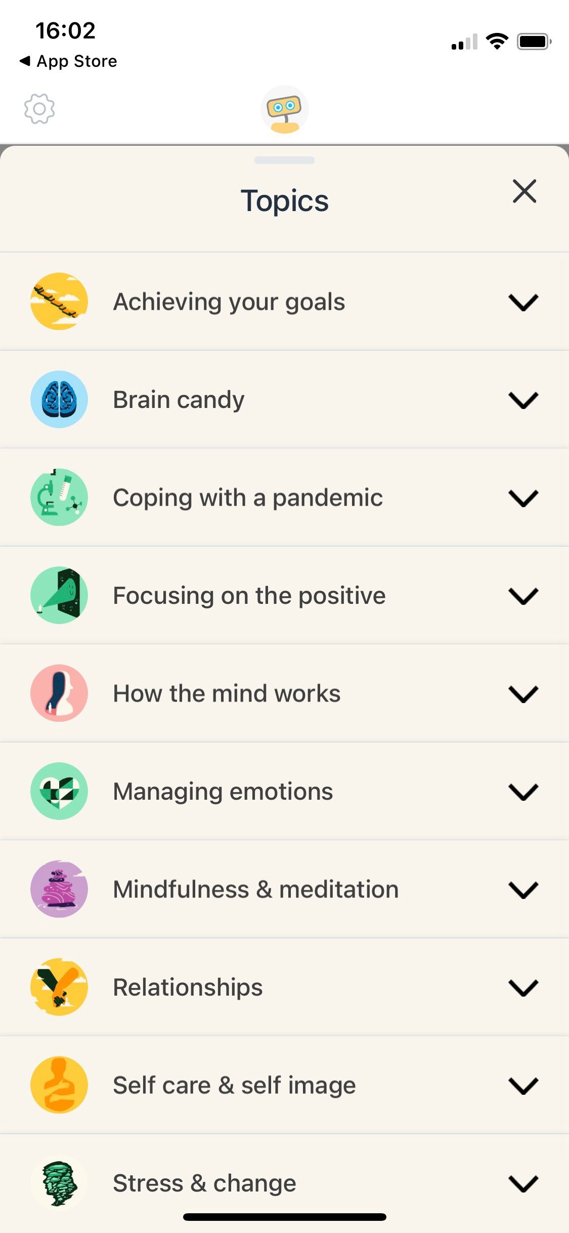 Screenshot of Woebot app showing help topics