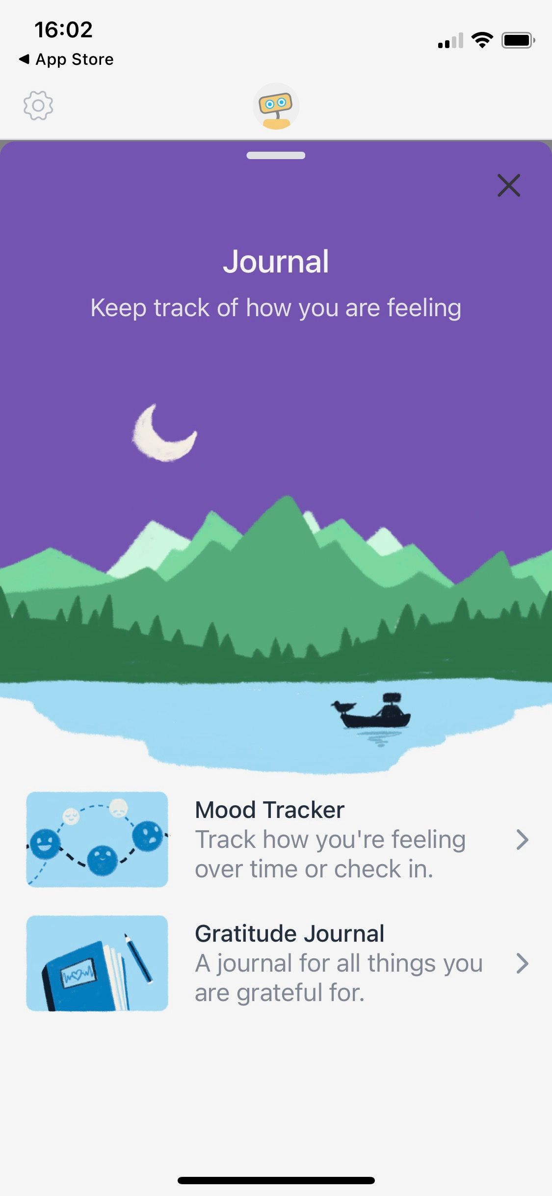 Screenshot of Woebot app showing journal and mood tracker