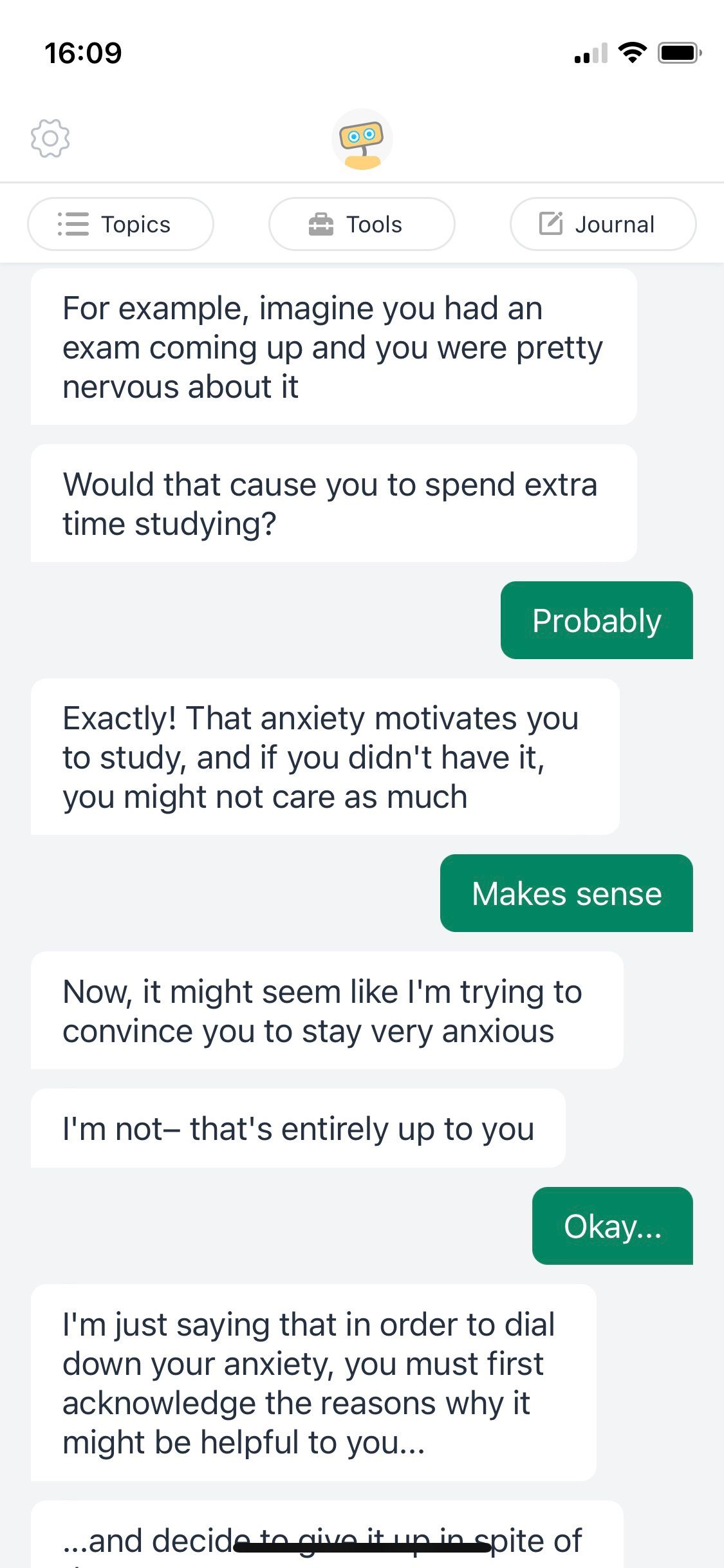 Screenshot of Woebot app showing text chat guidance